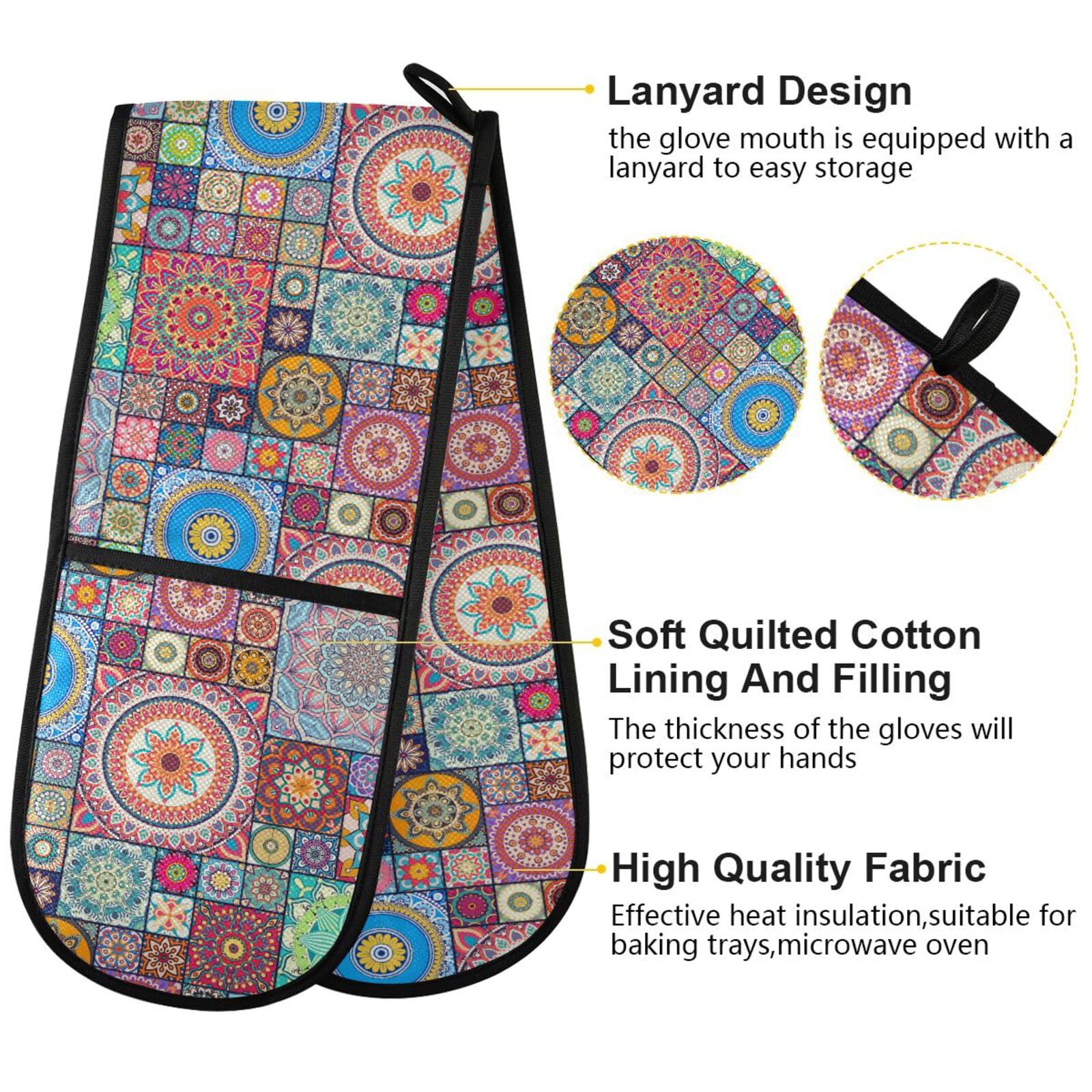 Moroccan Bohemian Mandala Double Oven Gloves Heat Resistant Pot Holder Oven Mitt Gloves for BBQ Cooking Baking Grilling Microwave - Image 4