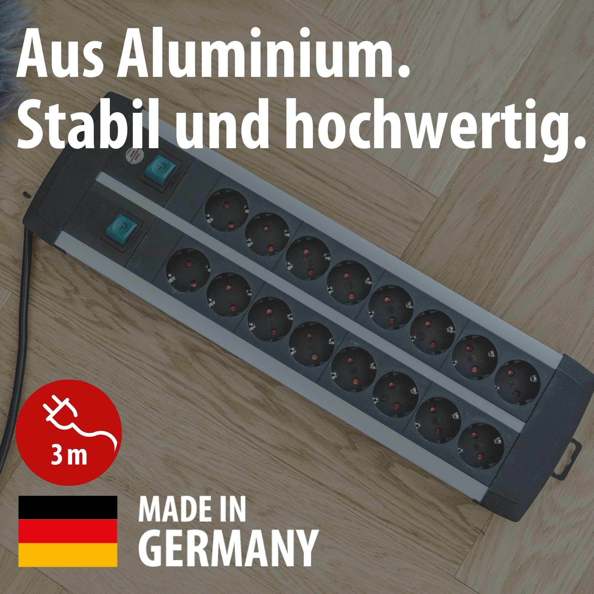 Brennenstuhl Premium-Alu-Line Steckdosenleiste 16-Fach, 3m | Mehrfachsteckdose aus hochwertigem Aluminium mit 2 Schaltern für je 8 Steckdosen, Made in Germany