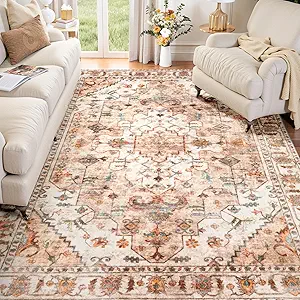 SERISSA Boho Area Rug 5x7 Peach Cream, Washable Large Rugs for Living Room, Ultra Soft Non-Slip Bedroom Rug Print Distressed Vintage Farmhouse Carpet Rug for Dining Room Dorm Office Home Decor