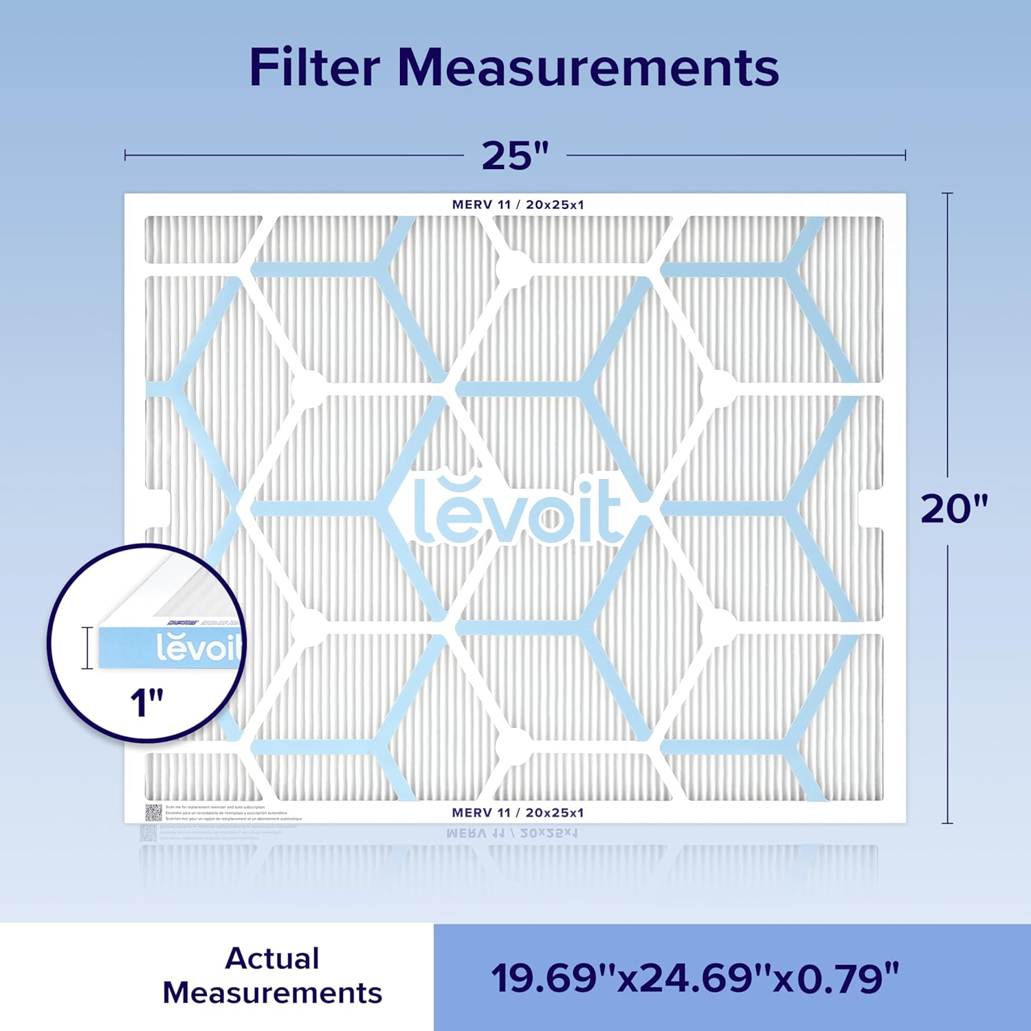 LEVOIT 20x25x1 Air Filter MERV 11, 6-Month Pleated Furnace Filters for Home AC HVAC, High-Efficiency Allergen Defense for Pet, Dust and Smoke, 2 Pack (Actual Size 19.69×24.69×0.79 inches)