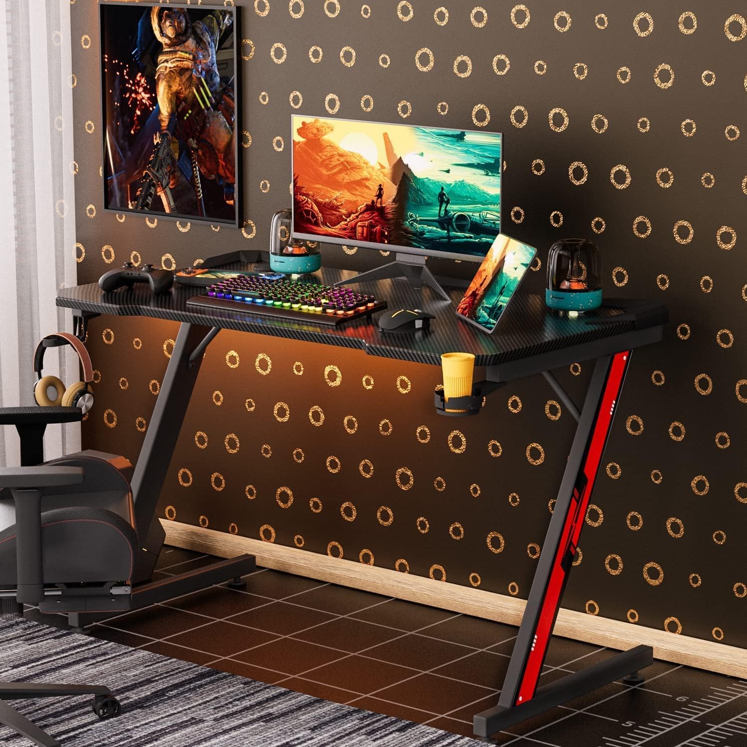 Victone Gaming Desk, 44.1 x 23.6 x Height 29.1 inches (112 x 60 x 74.4 cm), Computer Desk, Z Leg, Computer Desk, Game Desk, Office Desk, Work Desk, Carbon Fiber Top Plate, Cup Holder and Headphone