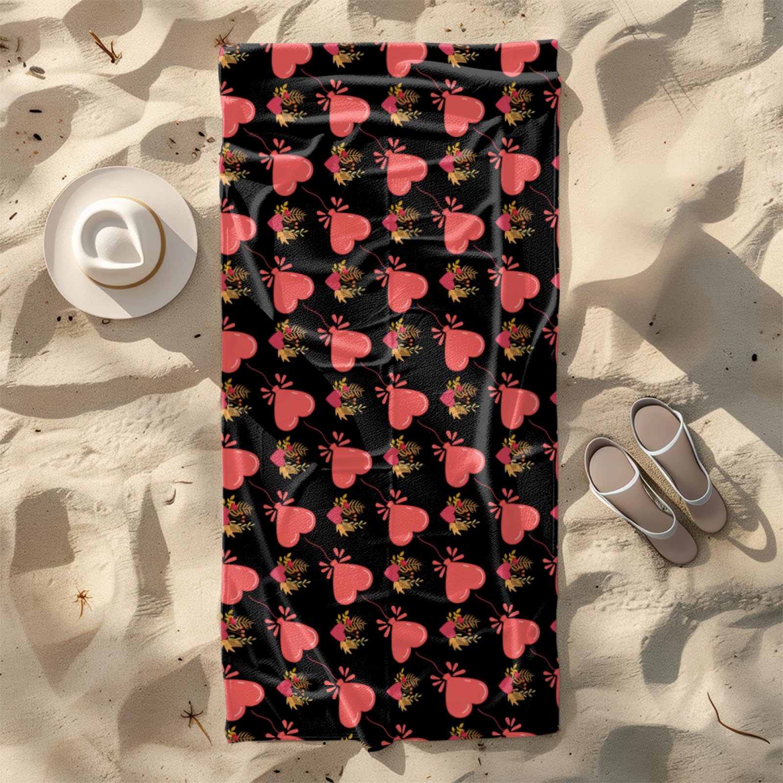 Fouta PlageCœurs Noirs Roses Modèle Surdimensionné avec Diverses Tailles, Respirante et Portable, Parfaite pour Voyages Sorties Piscine et Usage Extérieur Quotidien 90x160 cm
