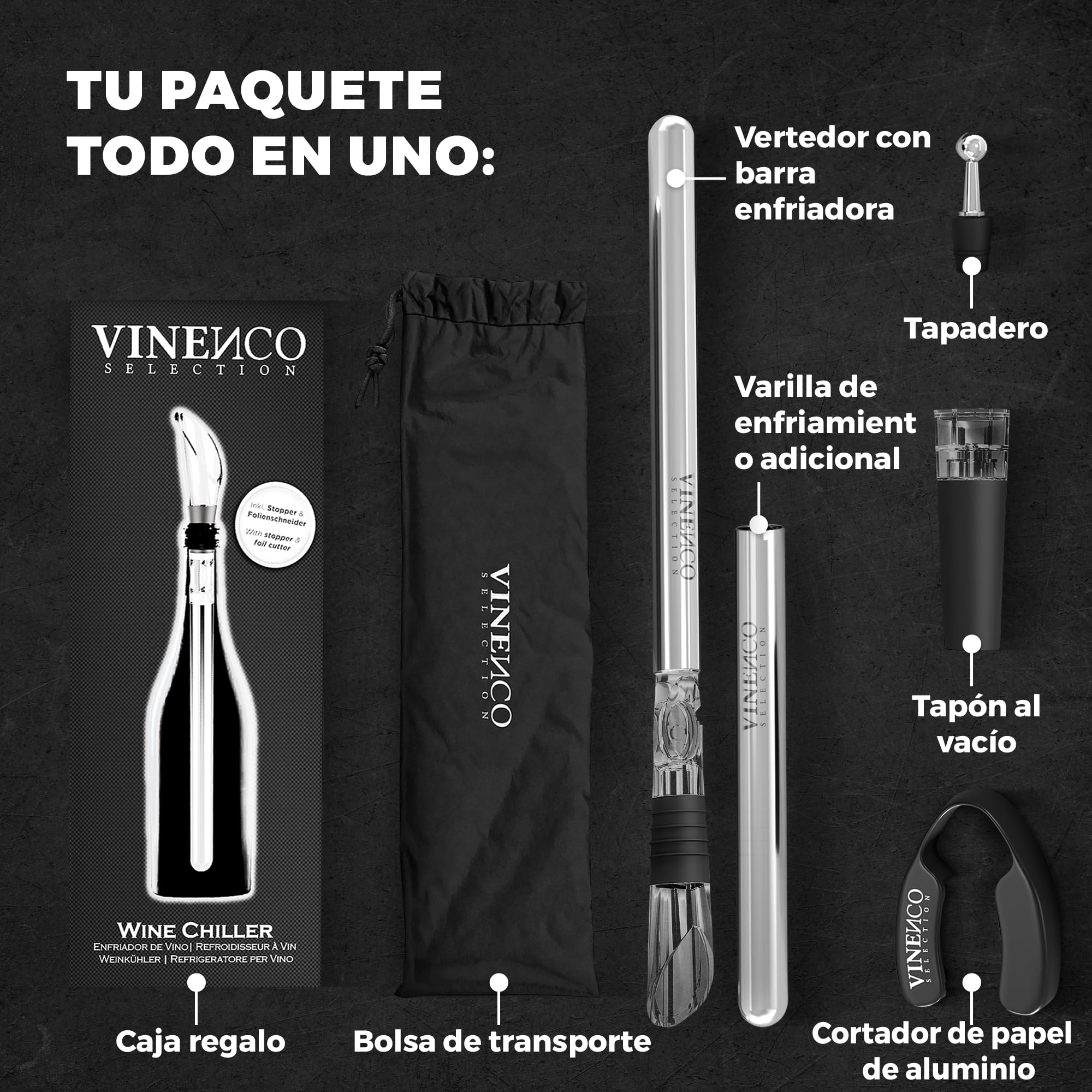 Enfriador de Botellas de Vino Blanco, 3 en 1 Kit: Juego de Refrigeración (Acero) de Calidad + Tapón–Decantador + Aireador | Accesorios Bar, Idea Regalo Mujer Hombre Cumpleaños Fiesta Amigo Barman