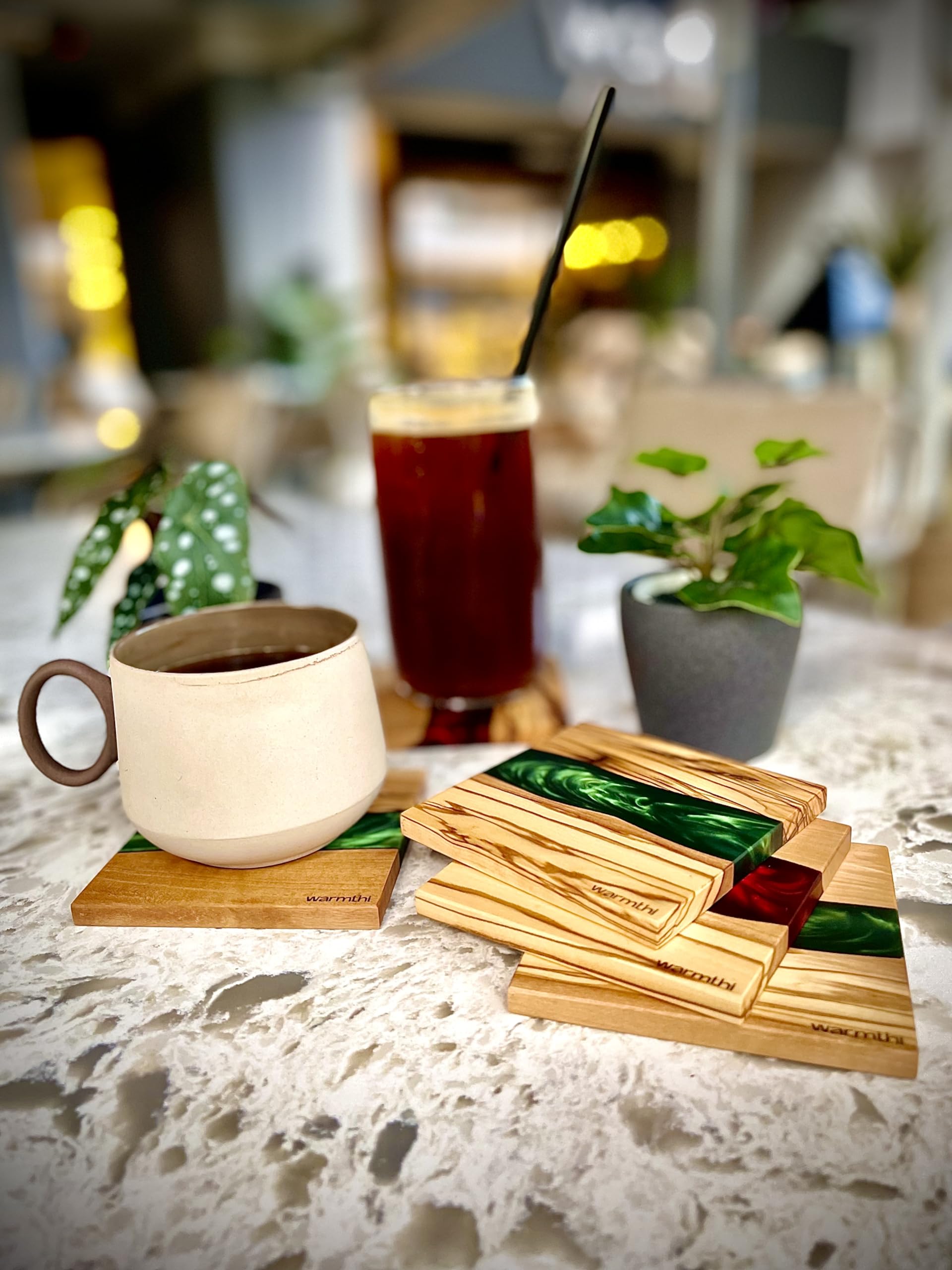 Warmthi Drink Coaster Set of 6, Square Red and Green, Handmade with Olive Wood and Epoxy Resin - Image 3
