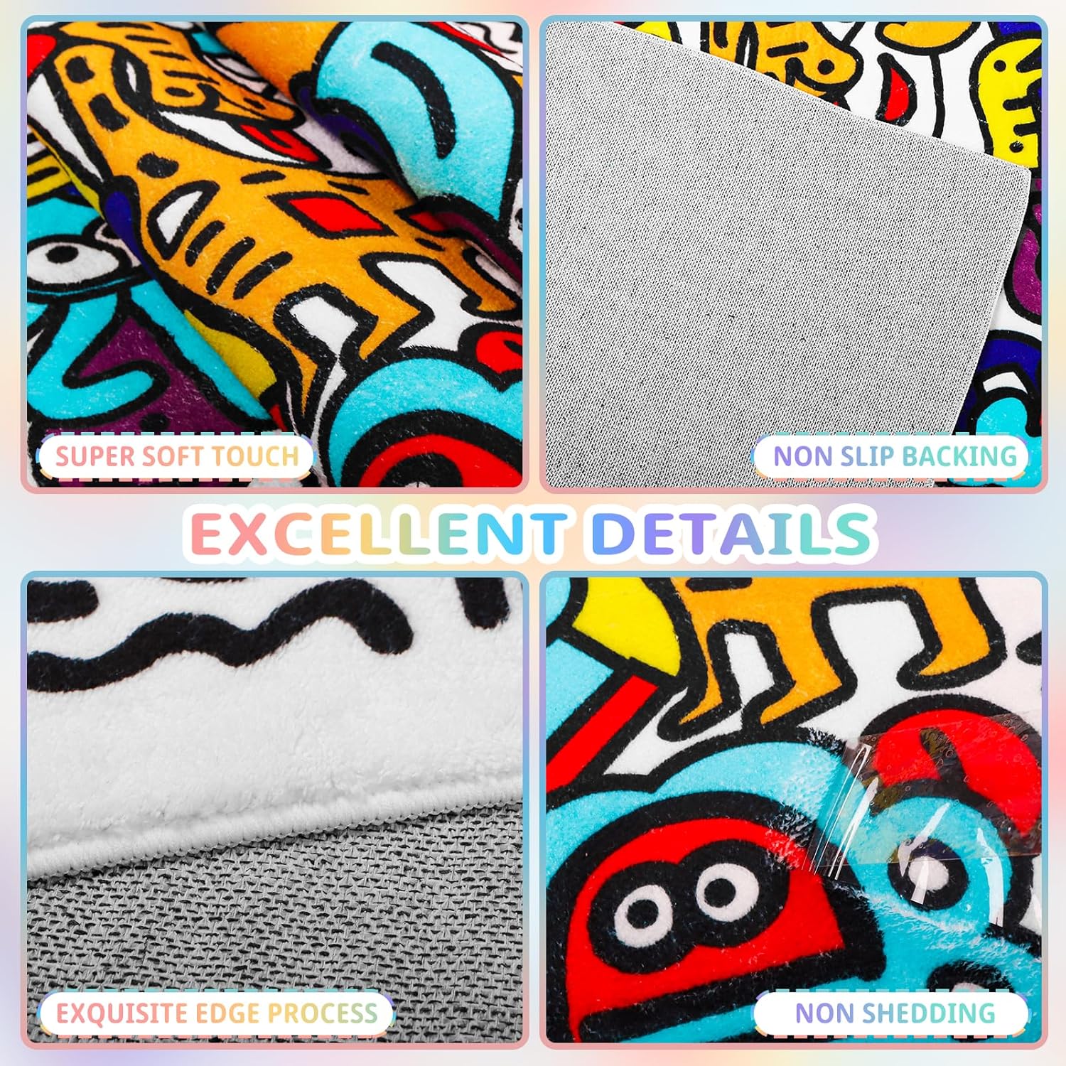 Colorful Graffiti Kids Rugs 59"x39.4" Area Rug Washable TPR Non-Slip Play Mat for Babies Infants Bedroom Playroom