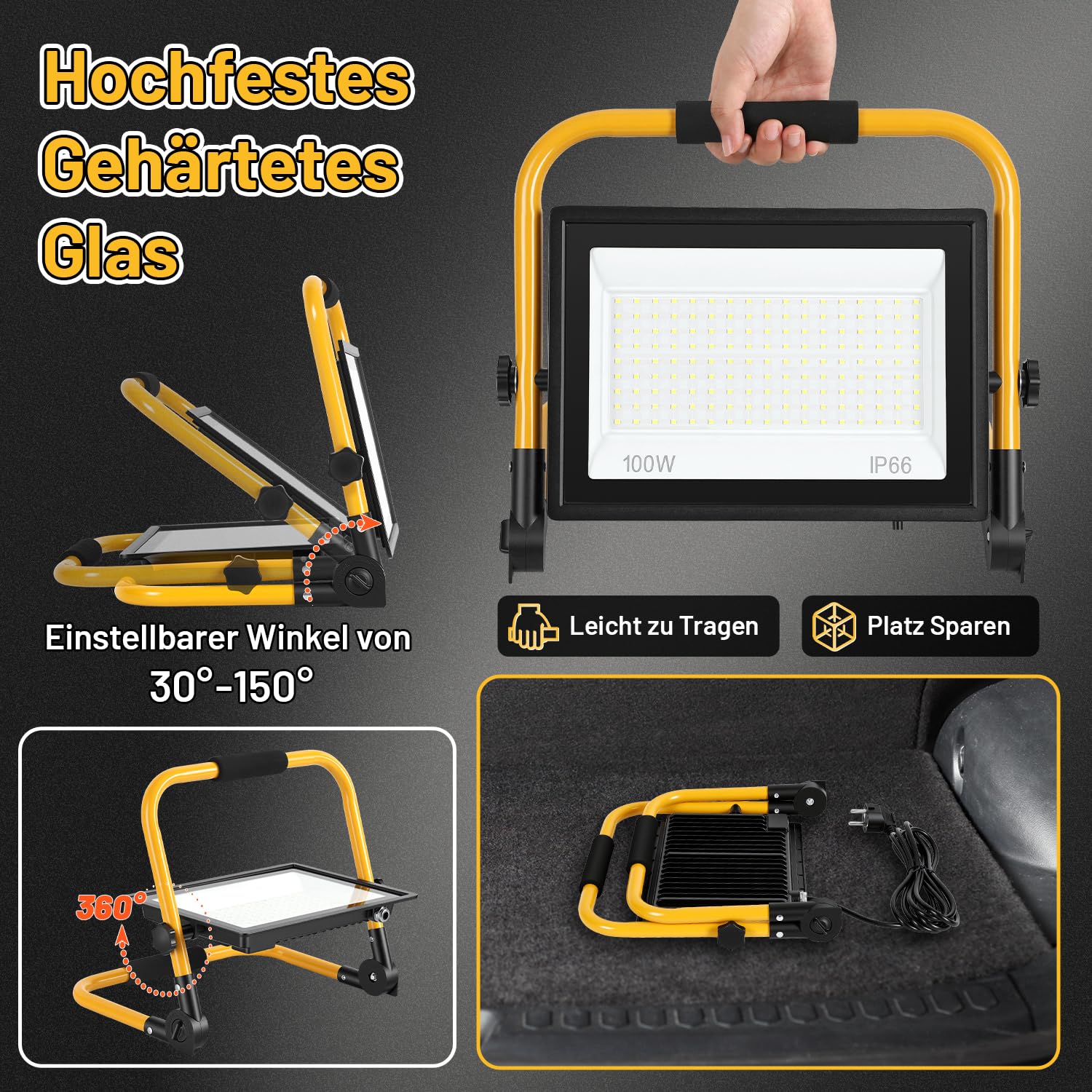 Focos LED de construcción, 4 unidades, 100 W, 6500 K, luz blanca fría, 8000 lm, cable de 3 m | IP66 resistente al agua con soporte plegable, luz de trabajo portátil superbrillante para taller, construcción, garaje