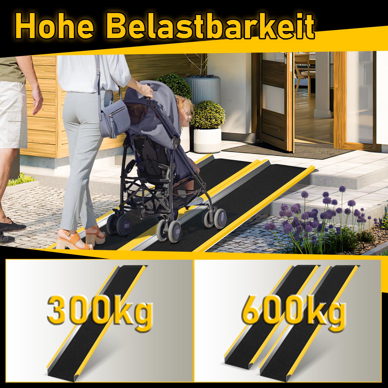 4X Auffahrrampe alu bis 600kg Laderampe rutschfeste Verladerampe Aluminium Auffahrrampen geeignet für Motorrad,Rasenmäher,Anhänger, Rasentraktor Türschwellenrampe 118CM