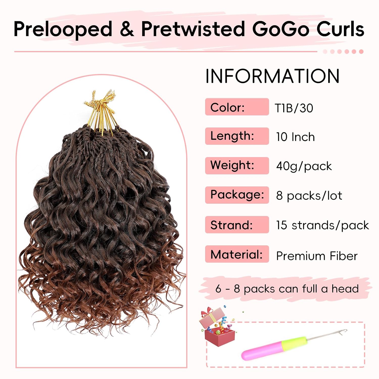 Prelooped GoGo Curl Crochet Hair 10 Inch 8 packs Short Curly Crochet Hair for Women Pretwisted Box Braids with Curly Ends Water Wave Beach Curls Synthetic Boho Hair Extensions Ombre Brown 1B/30