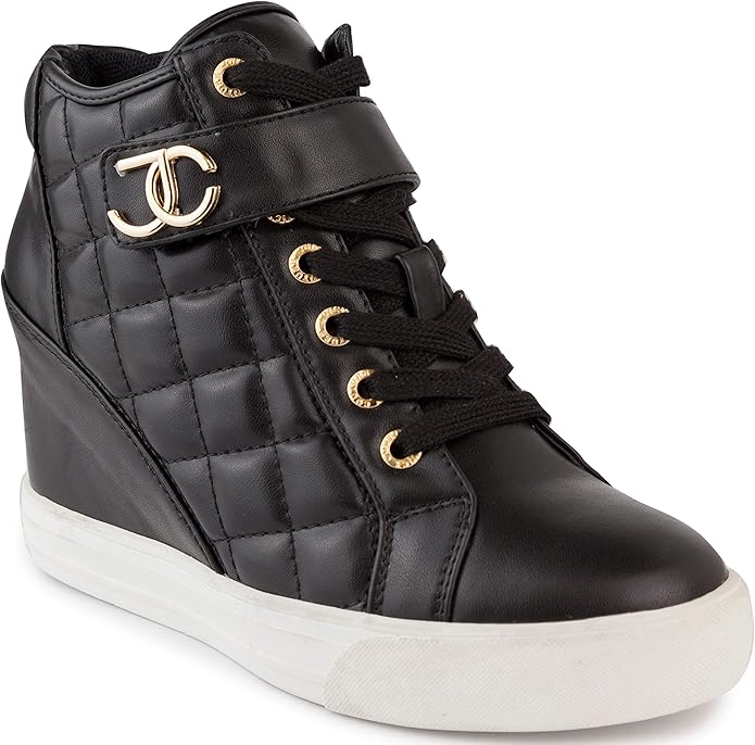 Juicy Couture Women's Platform Wedge Sneakers with Metallic Logo Accent - Fashion Lace-up Wedge Sneakers for Women - High-Top Sneakers Shoes-Journey