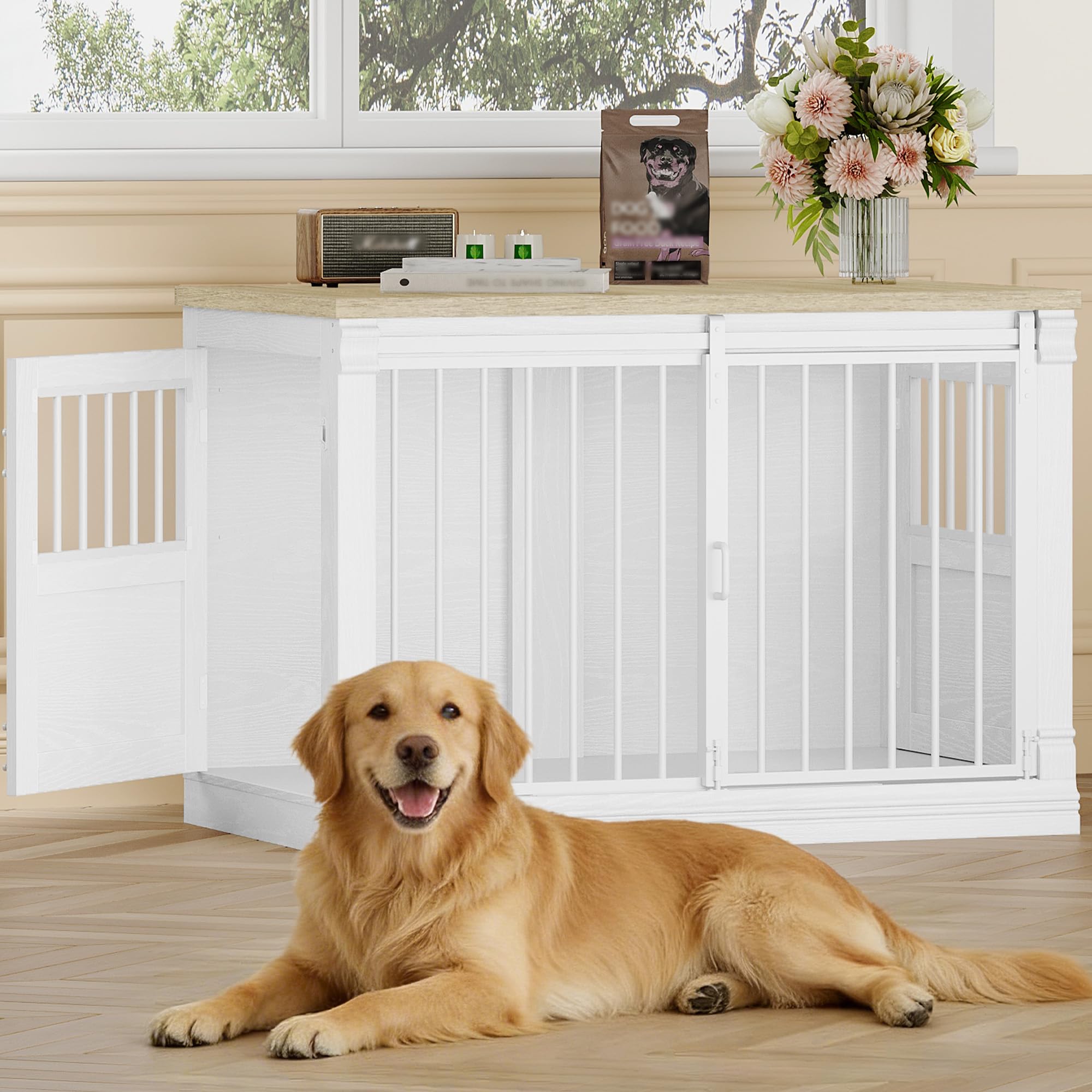 HEXCELEN 101cm Jaula para Perros, Mueble Mascotas Interior, Jaula Perro Grande para Casa de Madera, 3 Puertas, Mesa Auxiliar, Apto para Perros Medianos, 101 x 60,5 x 70 cm, Roble Blanco y Blanco