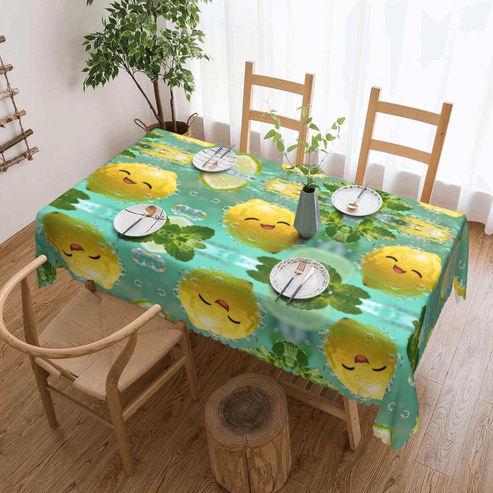 CNTDBU Lemon bubble bath Scalloped Edge Tablecloth 54x72-Waterproof Stain Resistant Wrinkle Free Cover, Square Table Cloth for Dining Party