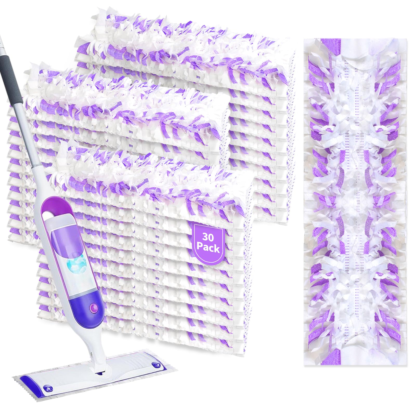 Repuestos de mopas desechables Power Mop, mopas multisuperficie para limpieza de pisos (blanco y morado, paquete de 30)