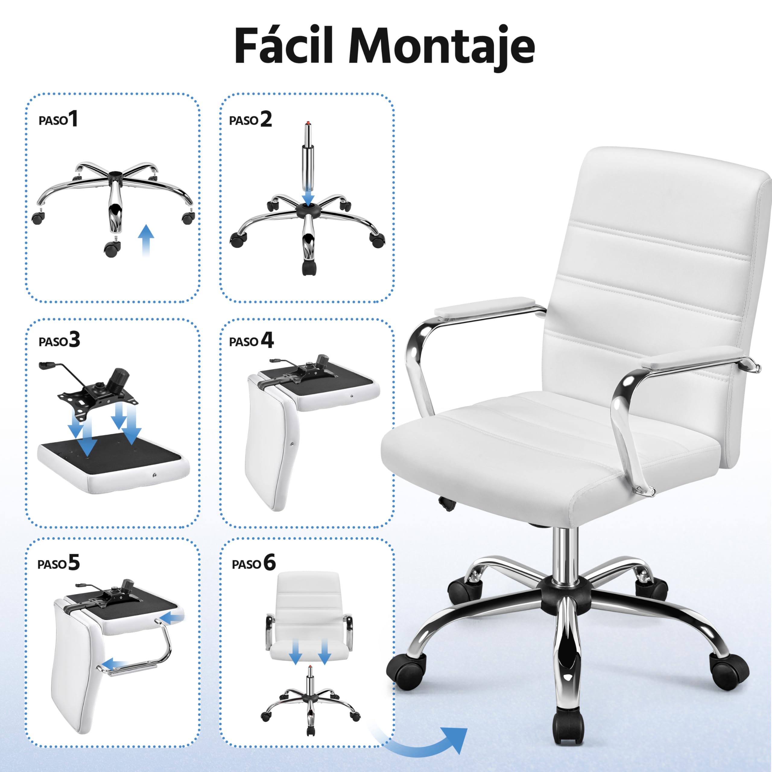 Yaheetech Silla Escritorio Giratoria de Oficina Silla Ergonomica Escritorio con Respaldo Tapizado Asiento Sintético Altura Ajustable Blanco