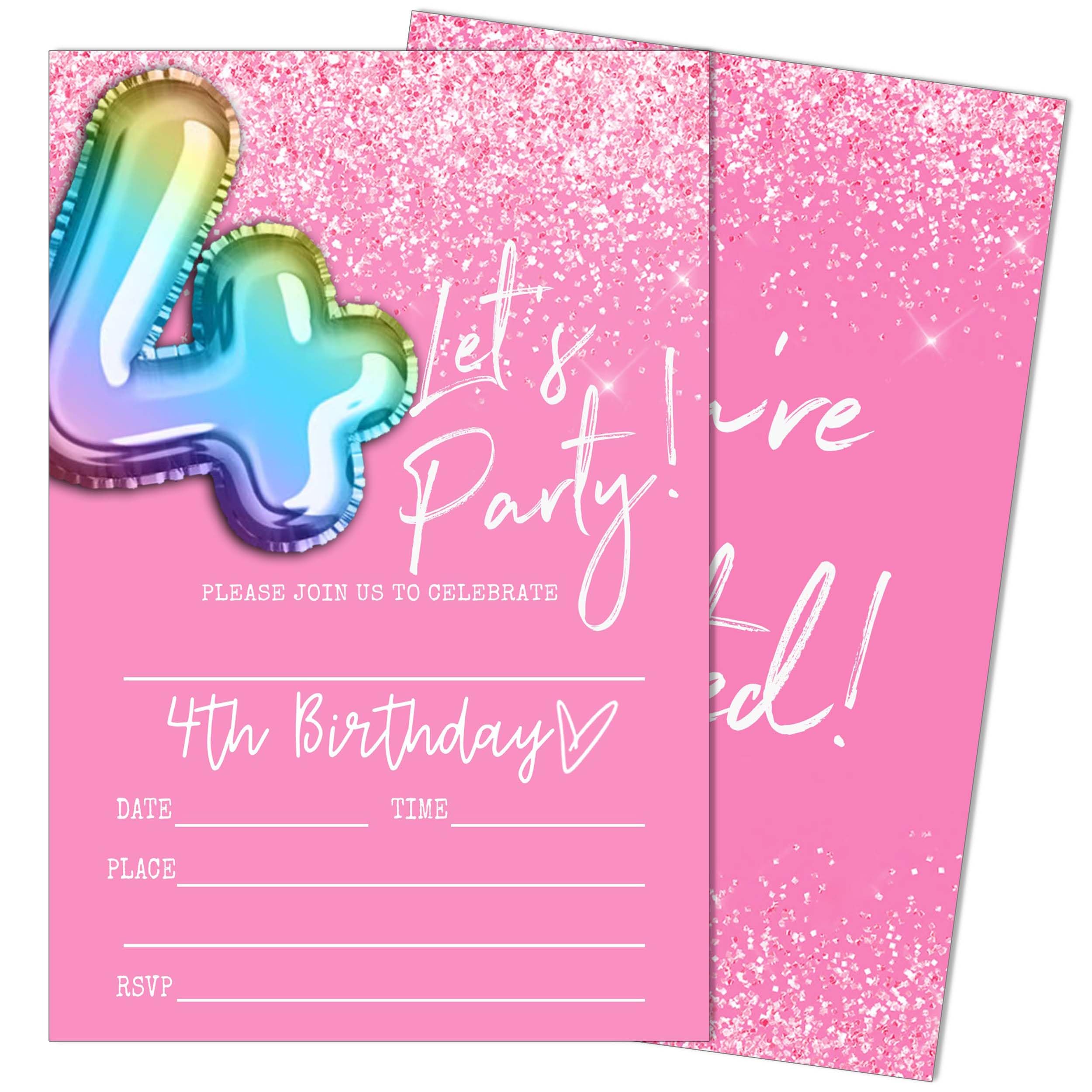 Let's Party 4th Birthday Invitations, Pink and Glitter Balloons Invitations, 20 Fill-in Style Birthday Party Invitations with Envelopes for Girls Boys