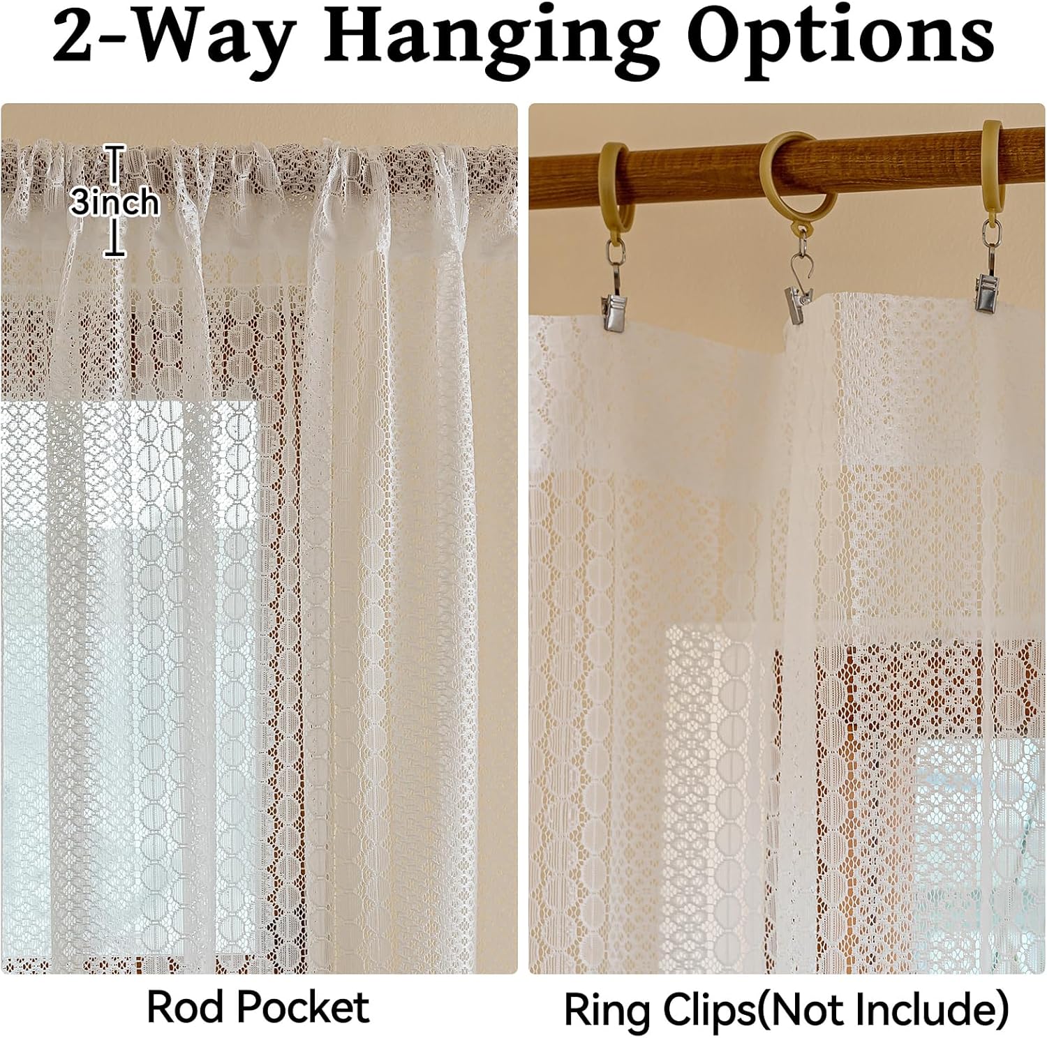 AmHoo 2 Panels Boho Vintage Lace Semi Sheer Curtain Farmhouse Voile Curtains for Living Room Bedroom Window Treatment Bright White 55 x 63 Inch