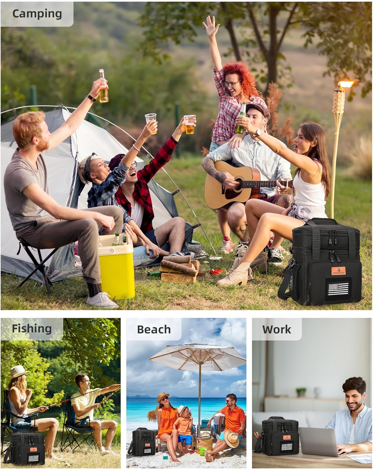 HSHRISH Expandable Lunch Box, Double Deck Large Insulated Lunch Bag for Men, Durable Leakproof Cooler Bag for Men Work Shift Outdoor Trips, 20 Can/15 L, Black