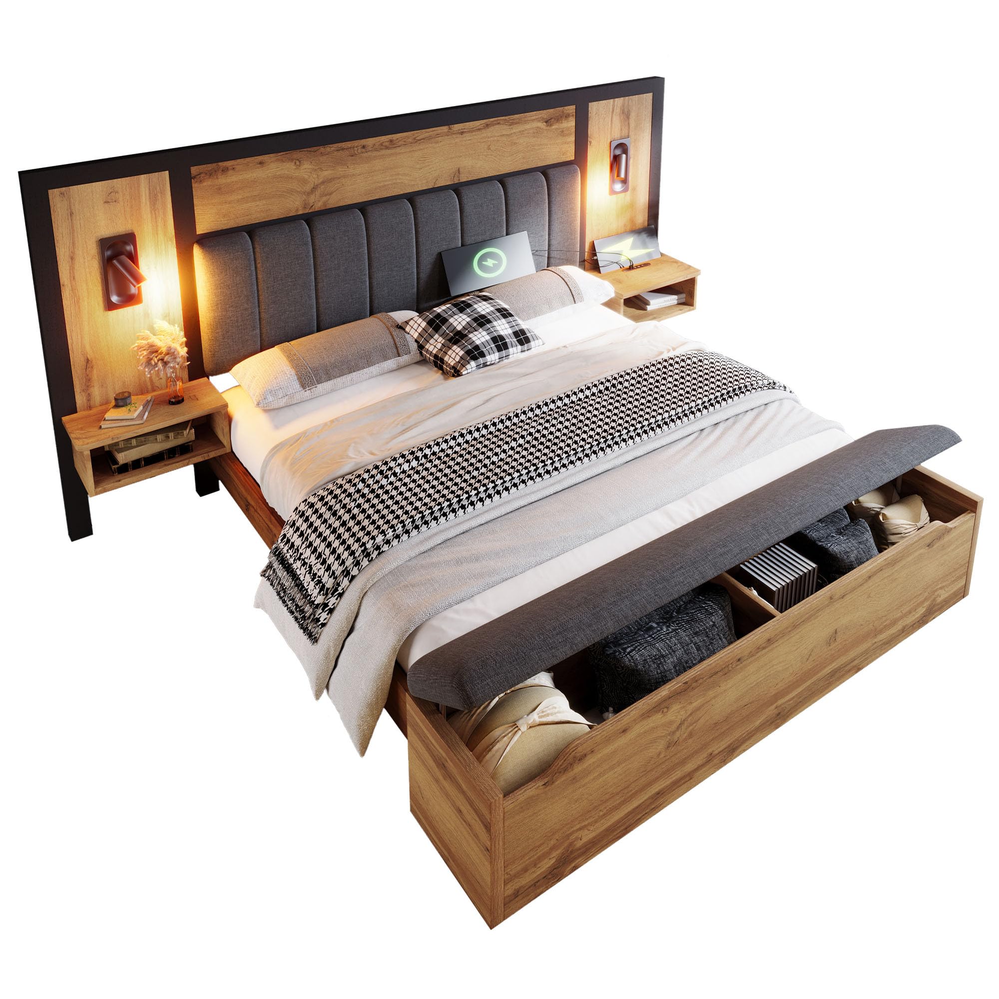 LINKHOO lit Double rembourré, avec Lampe de Lecture et Table de Chevet USB C et Banc,avec Espace de Rangement, Cadre de lit avec sommier à Lattes en métal, Bois et Lin, sans Matelas 180×200 cm, chêne