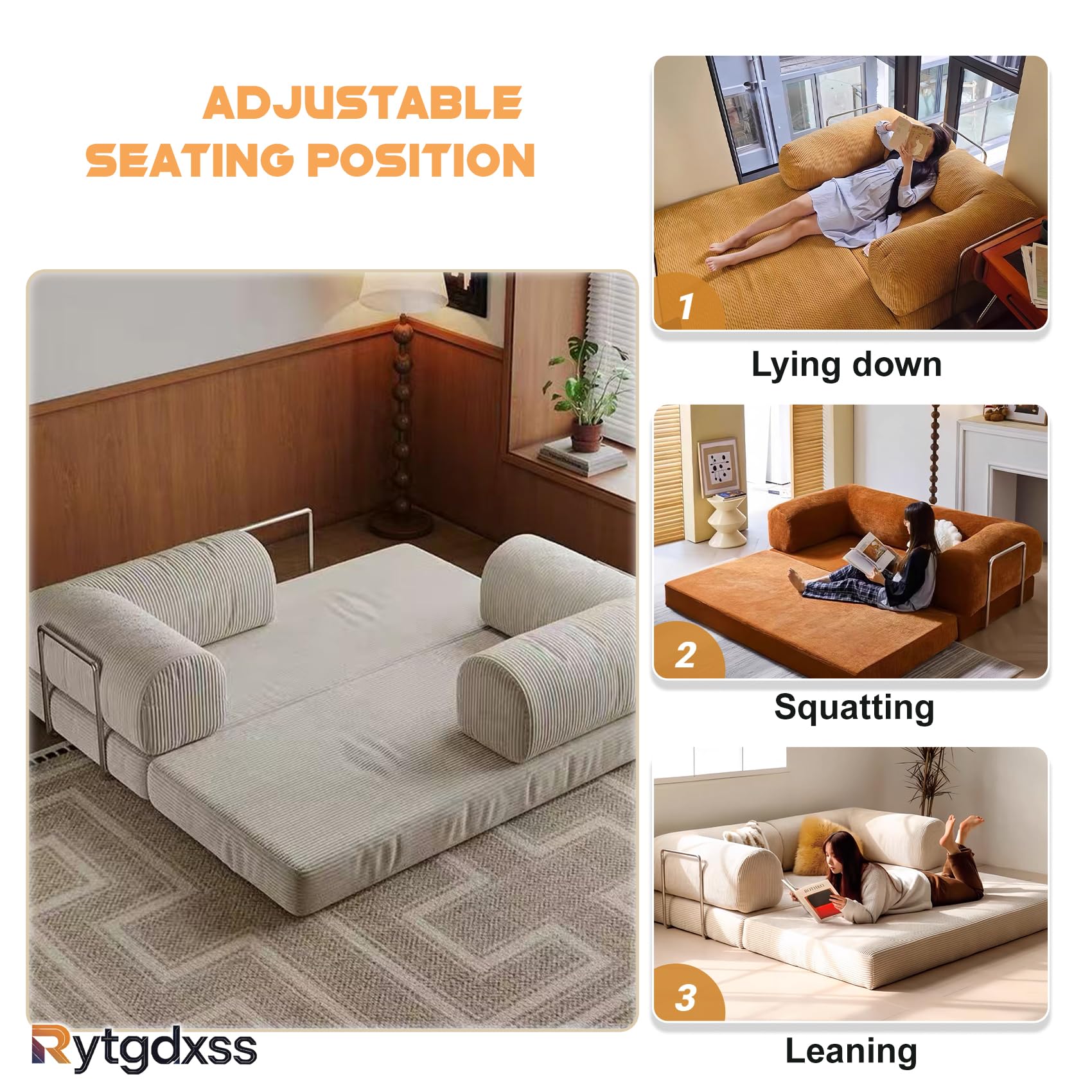 Schlafsofa aus Cord – 2-Sitzer klappbar zum Bodensofa mit Vollschaum – inkl. 2 Kissen & Stahlgestell – Beige,220 cm breit – Boneless,ohne Aufbau(Beige) L:220cm