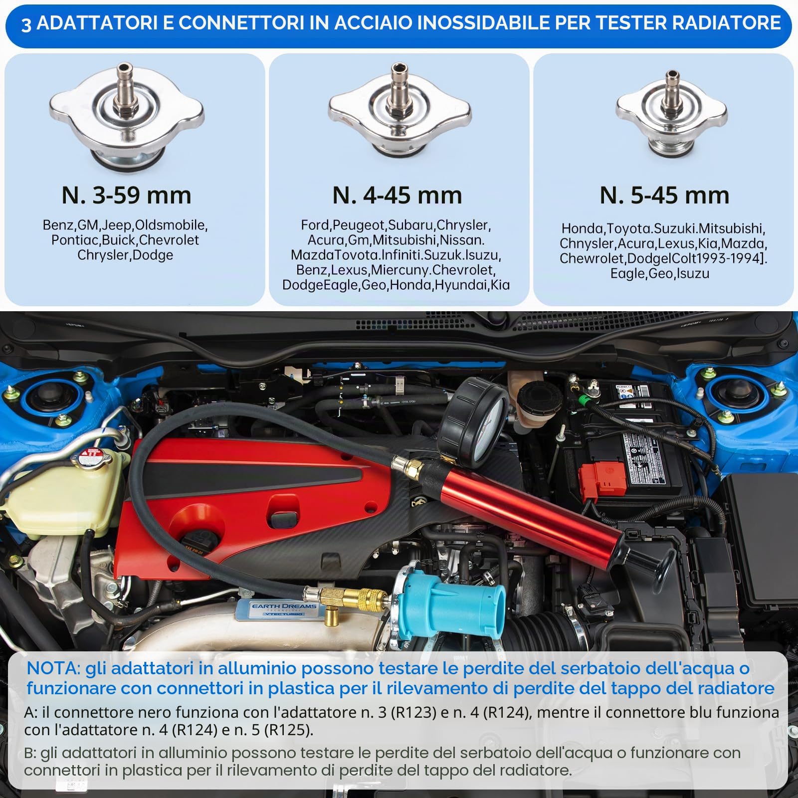 19 Pz Sistema di Raffreddamento Kit Tester di Pressione Del Radiatore, Serbatoio Dell'Acqua Universale Rivelatore di Perdite Auto Sistema di Raffreddamento Tester Kit con Pompa booster manuale