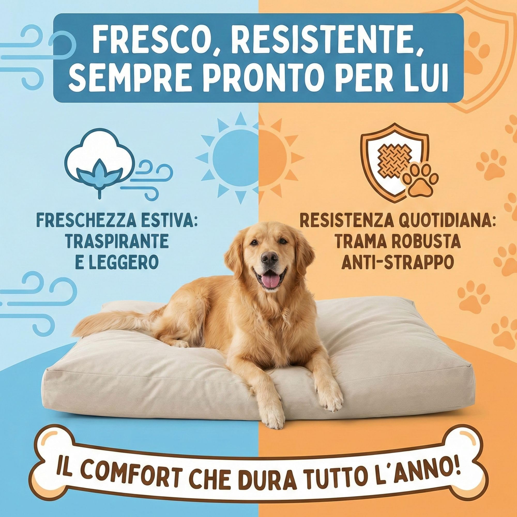 Cuscino per Cani Taglia Grande Policotone Fresco Resistente Lavabile 110x75cm h19cm Cuccia Imbottita Fiocco di Poliestere Made in Italy Grigio Chiaro