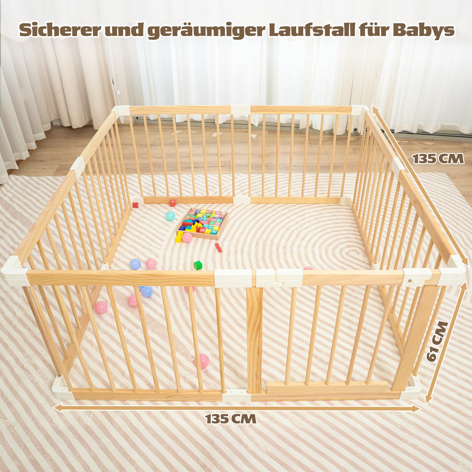 Baby Laufstall aus Holz mit Tür & Sicherheitsverschluss - Robustes Laufgitter zum Zusammenbauen, individuell formbares Krabbelgitter & Absperrgitter für Babys und Kleinkinder(135 * 134 * 61 cm)