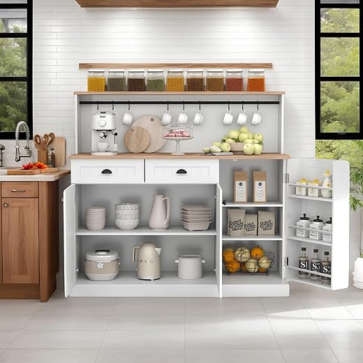 Pantry Storage Cabinet with 2 Drawers, Kitchen Hutch Cabinet with Shelf & 9 Hook, Farmhouse Food Pantry with Adjustable Shelves & 3 Doors, for Kitchen, Dining Room (White)