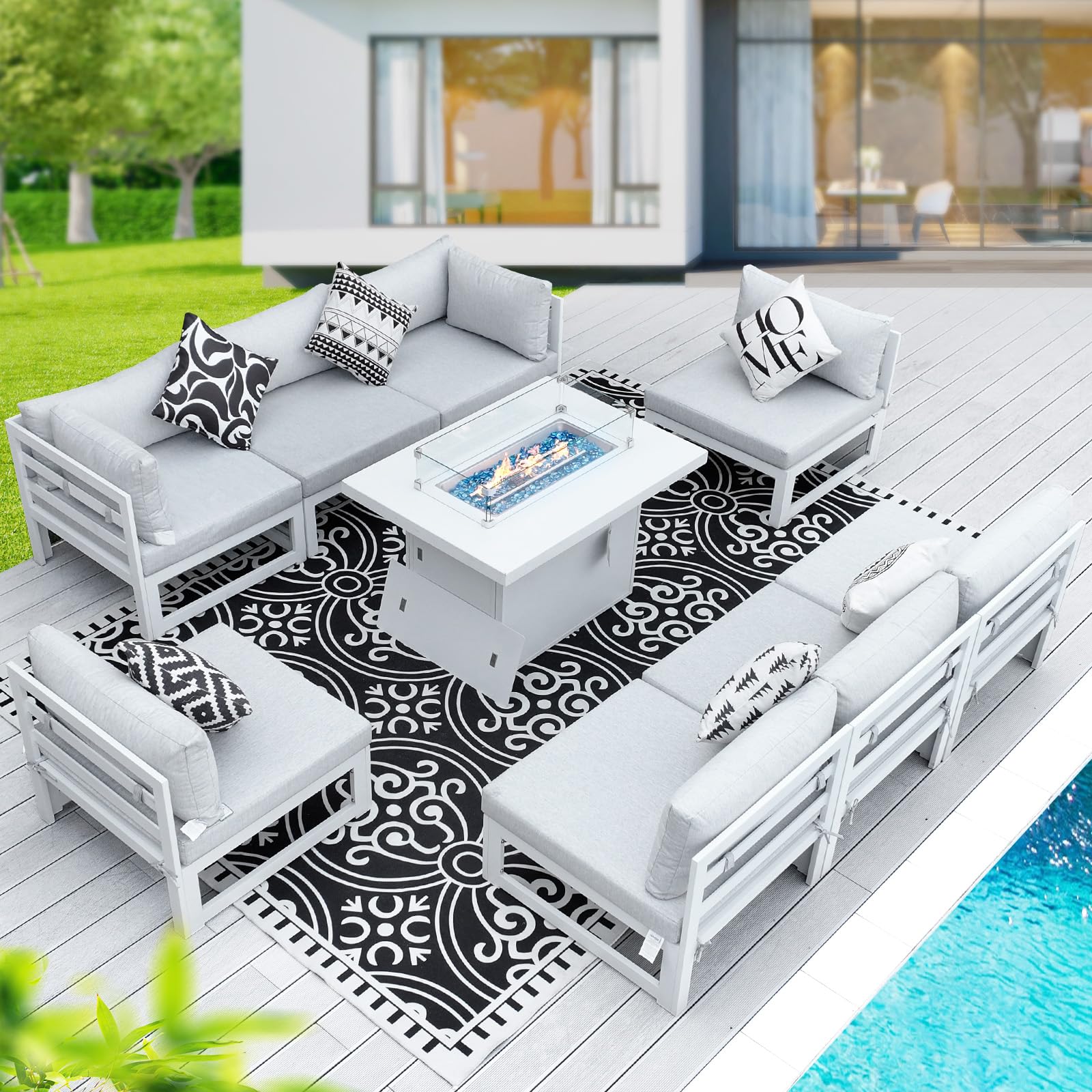 BULEXYARD 9 Piece Luxury Aluminum Outdoor Sectional Sofa with Fire Pit Table, Extra Large L Shaped Patio Furniture Set, 29" Deep Wide Seating,