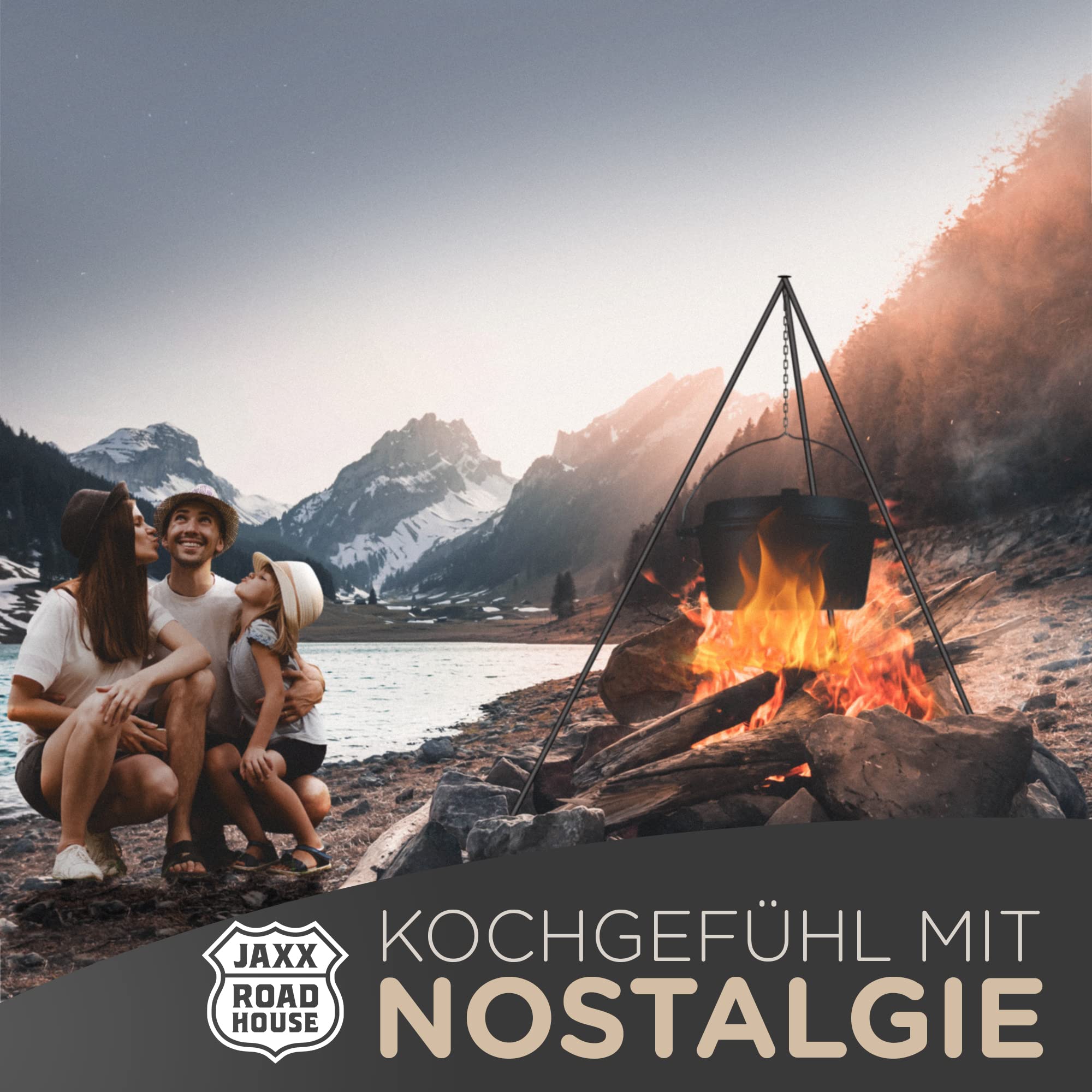 ORIGINAL DUTCH OVEN (9L), JAXX ROADHOUSE eingebrannter Gusseiserner Feuertopf mit Deckelheber & Tragetasche, für Innen und Außen