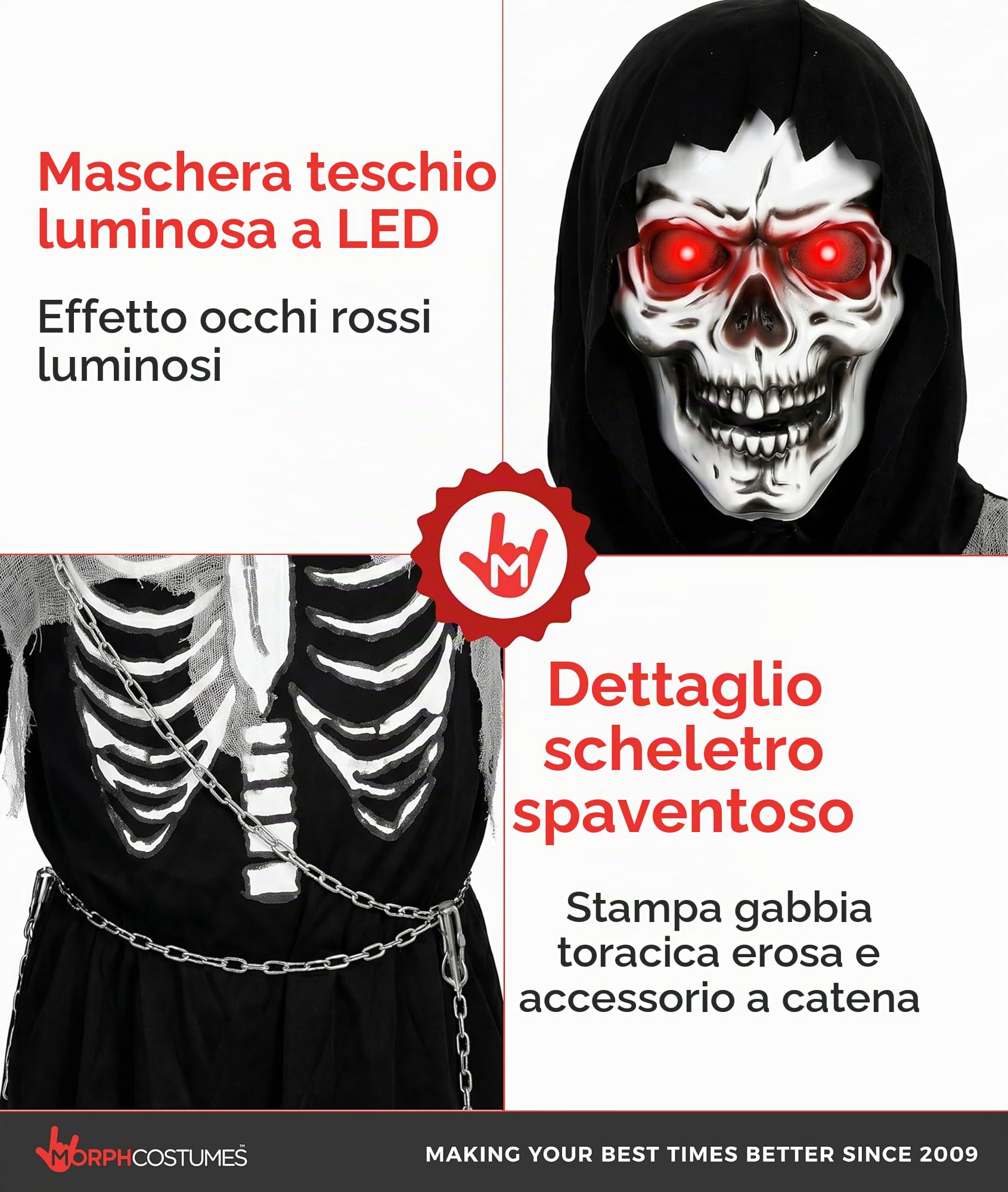 Morph Costume Morte Bambino, Costume Mietitore Halloween Bambino | Veste con Cappuccio, Catena, Falce & Occhiali LED, Perfetto per Halloween, Ideale per il Gioco di Ruolo