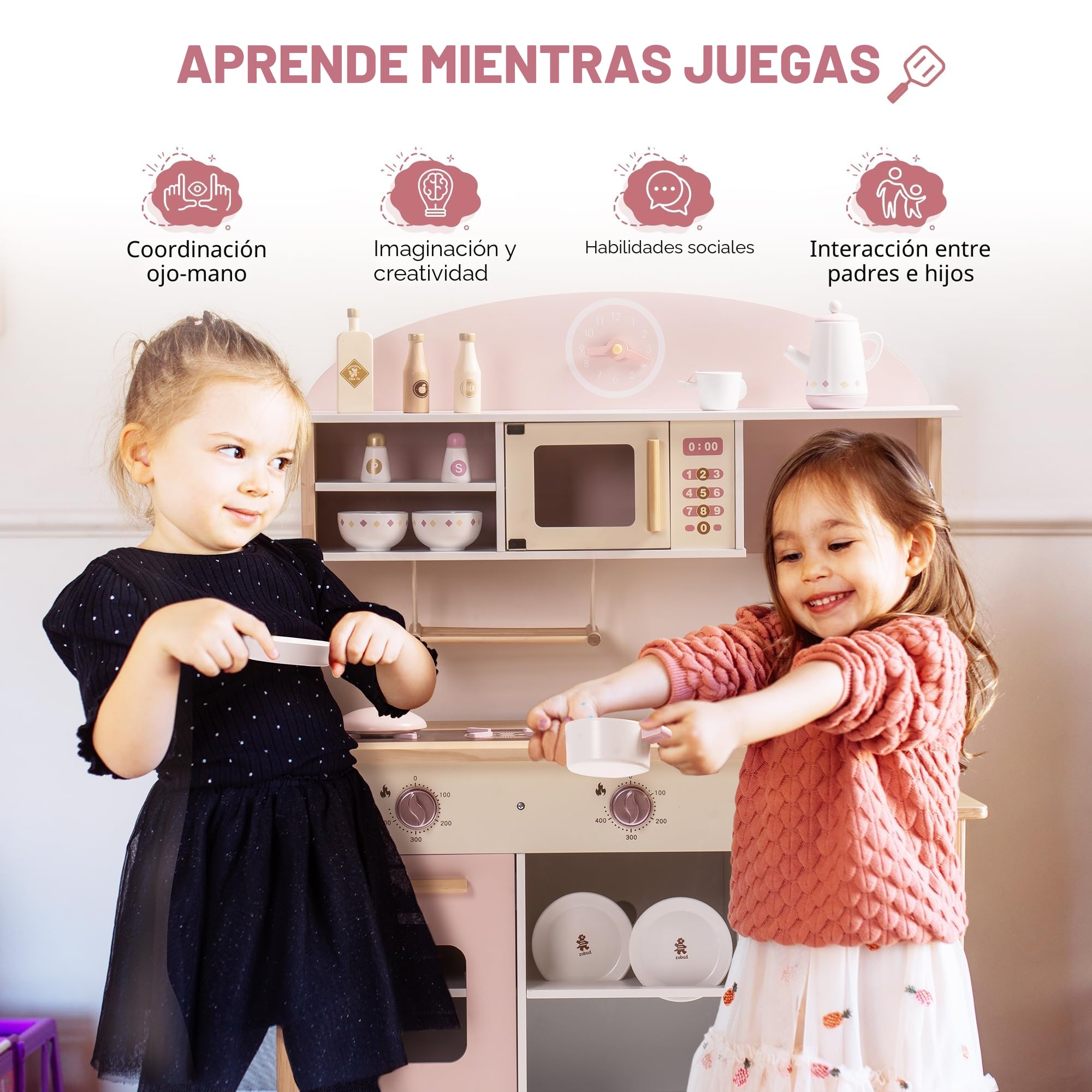 ROBUD Cocina de juguete para niños pequeños, cocina de madera con accesorios realistas, juego de cocina de juguete con muchas características de juego, cocina de juguete de estilo moderno para niñas y