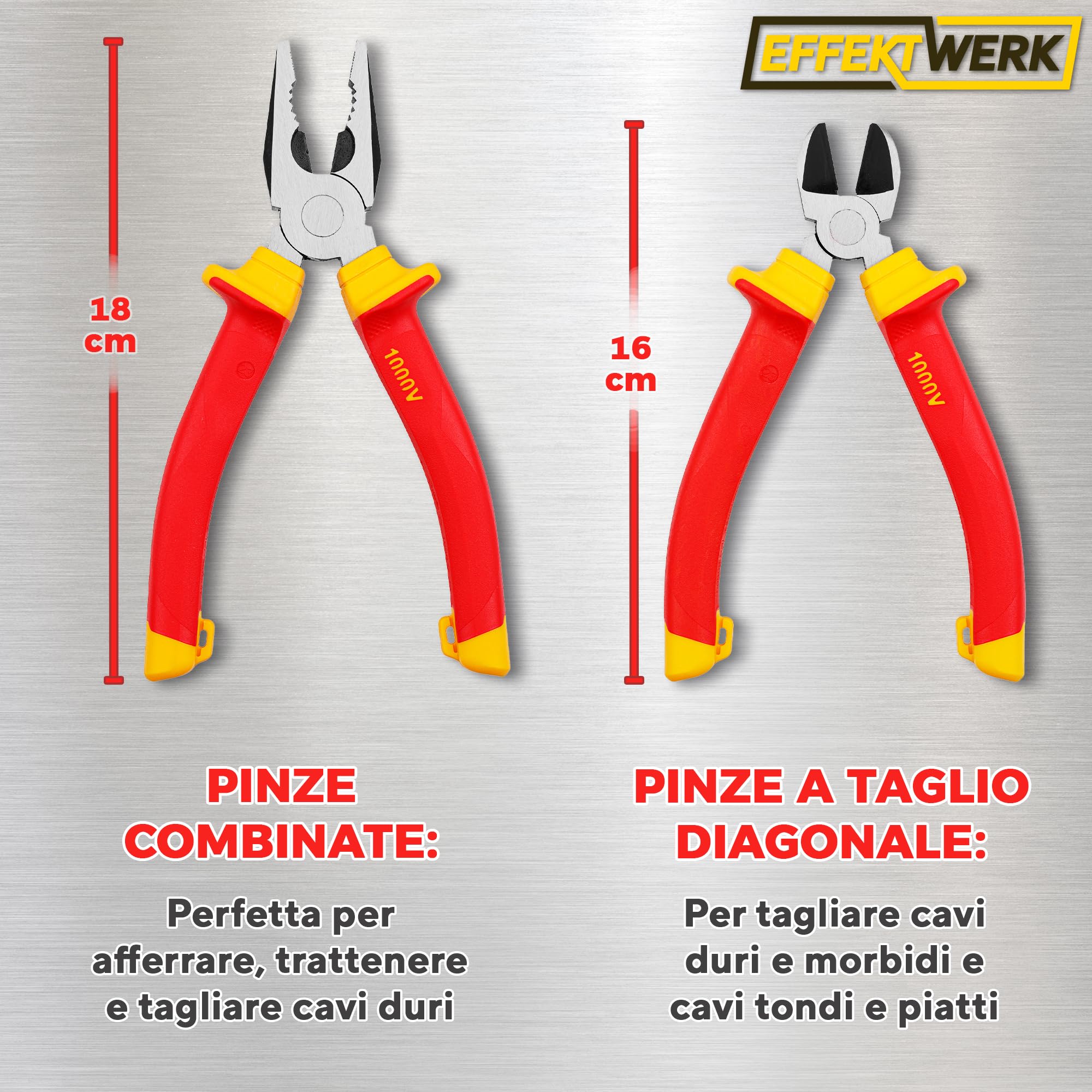 Set di pinze per elettricisti Effektwerk da 3 pezzi, isolate e testate VDE, combinate, pinze lunghe/a becchi d'ago e laterali/a taglio diagonale