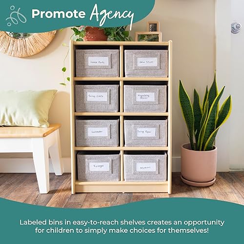 Miniatura 7 de Guidecraft EdQ - Organizador de almacenamiento de juguetes con 8 cubos de tela de 30 pulgadas, natural estantería de madera para niños y organizador