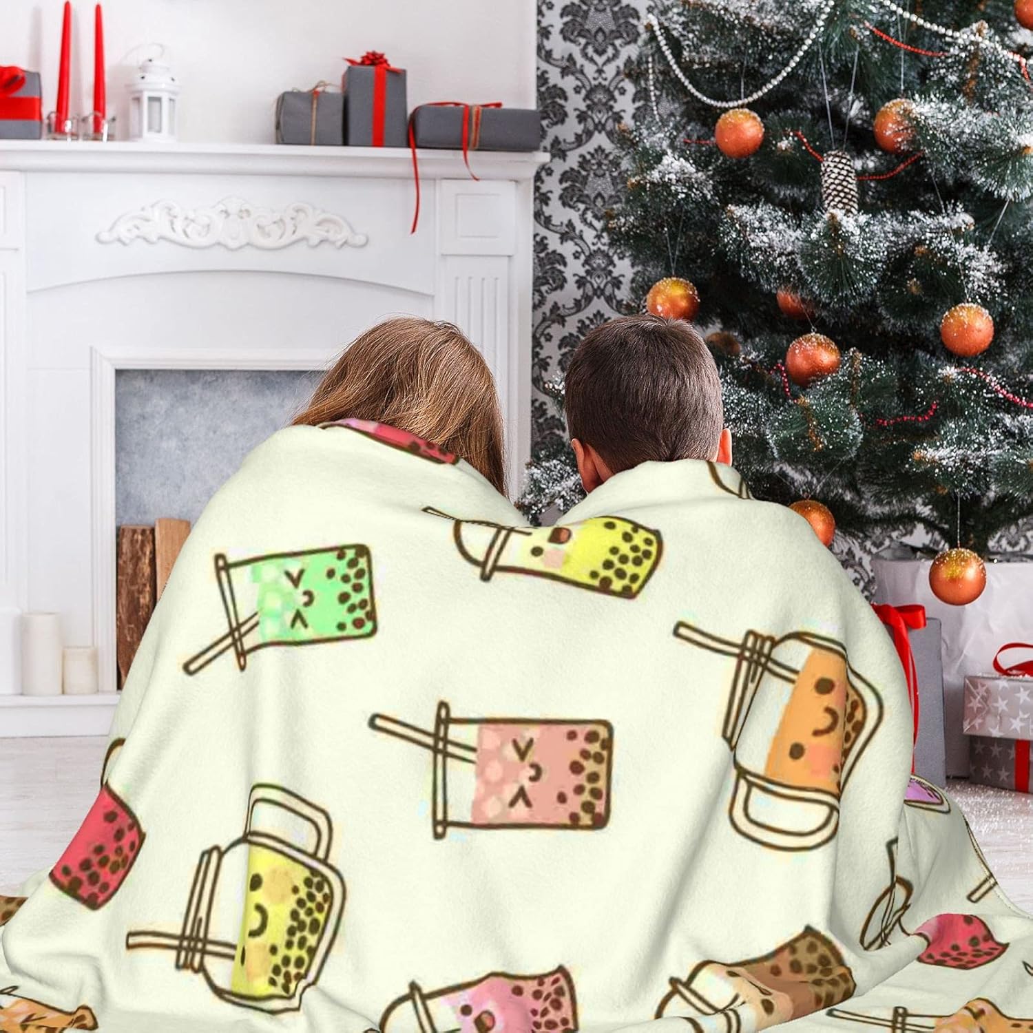 Boba Bubble Tea Blanket Kawaii Smiled Drinks with Tapioca Pearls Throw Blanket for Kids Girls, Ice Milk Tea Cozy Flannel Blanket Soft Lightweight Fluffy Sofa Plush Fleece Blanket 60"x50"
