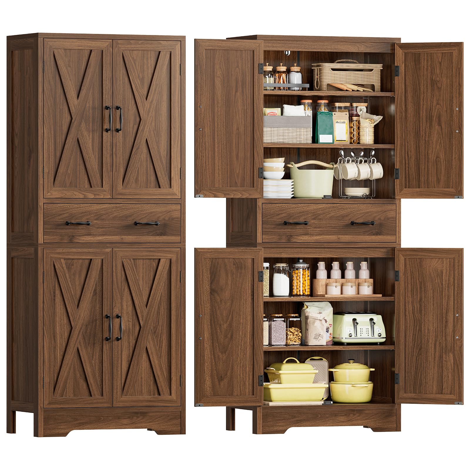 TEENFON Tall Storage Cabinet with 2 Adjustable Shelves &amp; 1 Large Drawer, Kitchen Pantry Cabinet with 4 Doors, Bathroom Storage Cabinets, for Living Room, Kitchen, Bathroom, Walnut