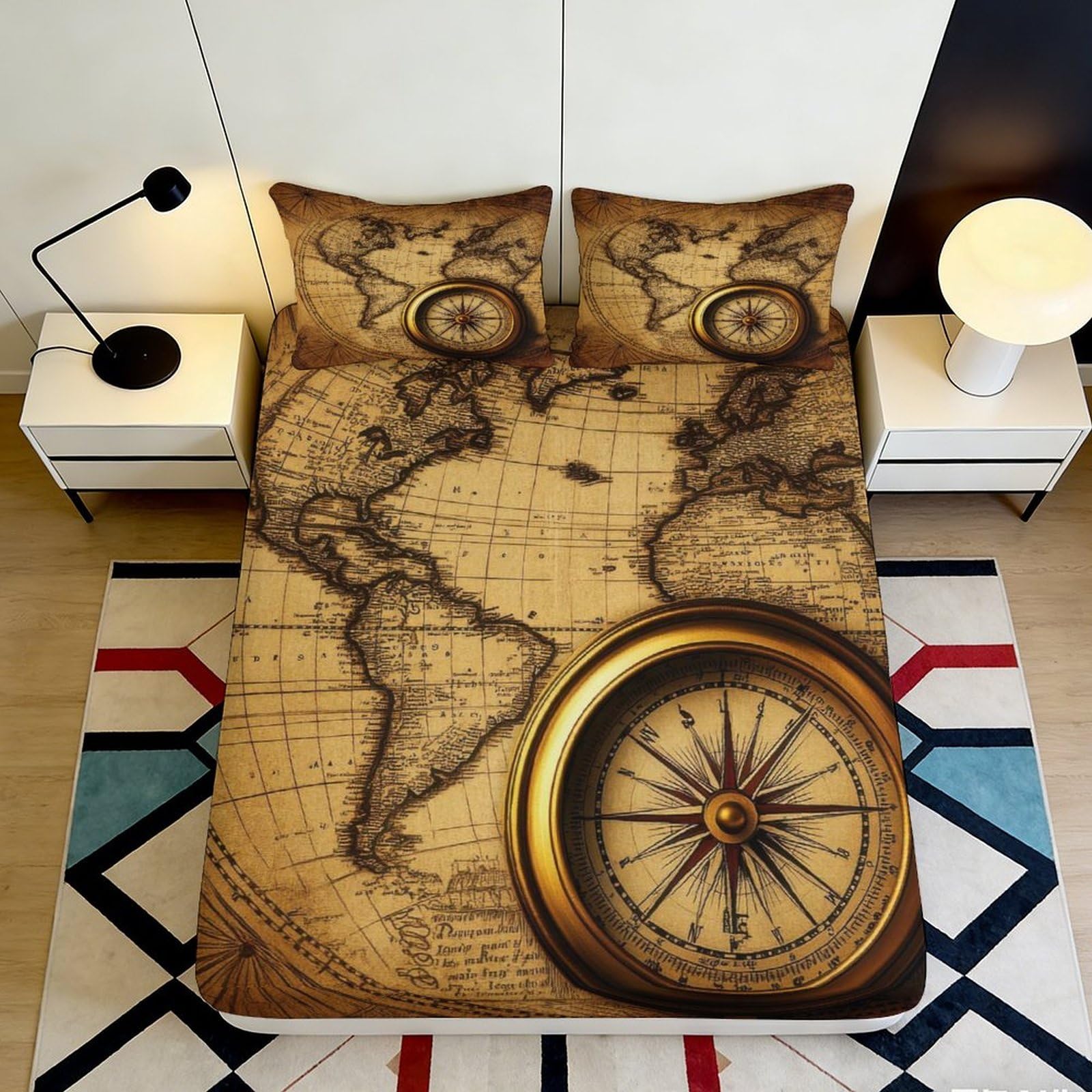 3D Printed Vintage World Map Fitted Sheet Microfiber Compass Bed Sheet for Bedroom Guest Room Decor Dustproof 90x200x25cm