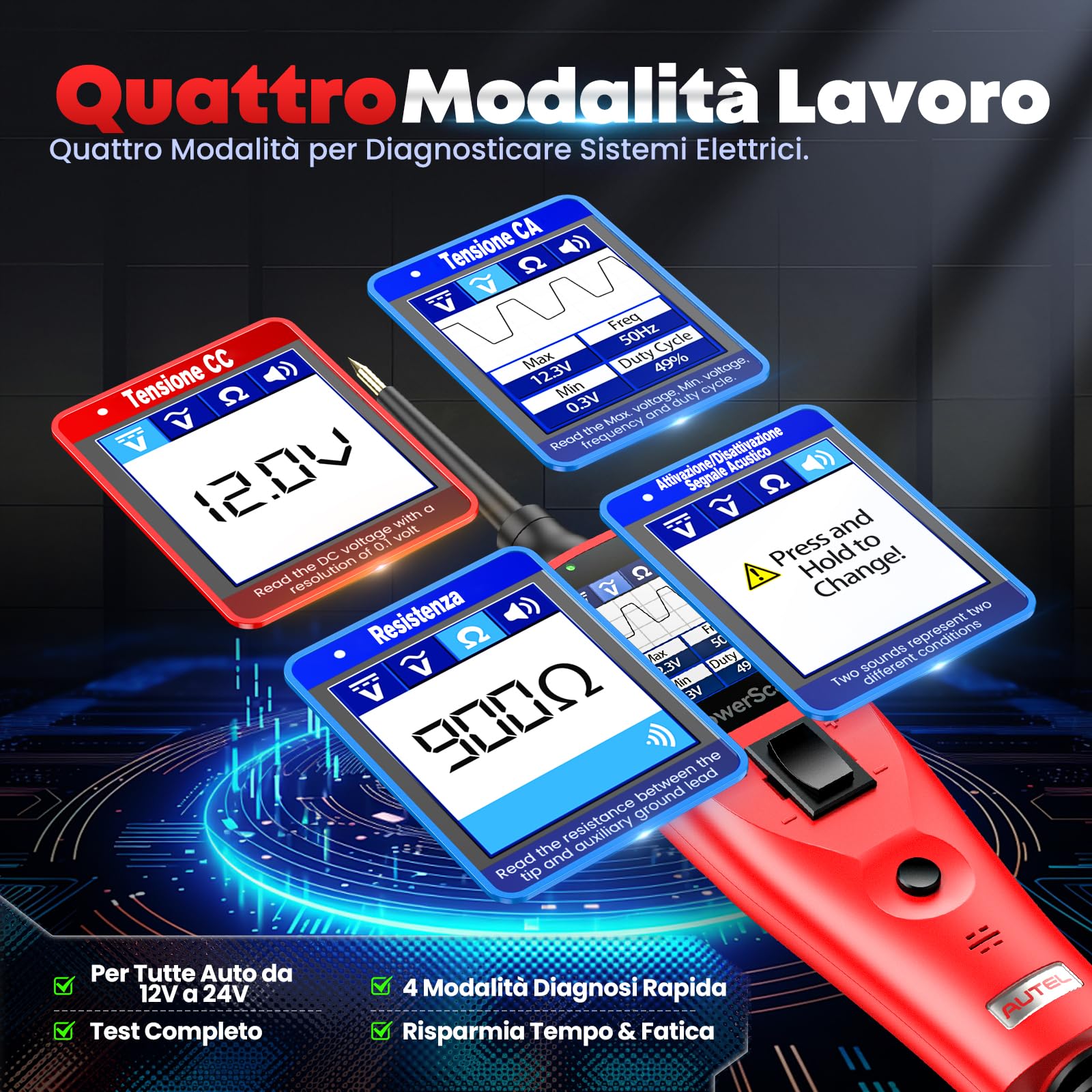 2026 Autel PowerScan PS100 Tester Circuiti Auto, Strumento Sonda Circuiti Alimentazion, Rilevatore Cortocircuiti Elettrici 12-24V, Resistenza Corrente CA/CC, Ciclo Lavoro & Prolunga 6M per Auto al 99%