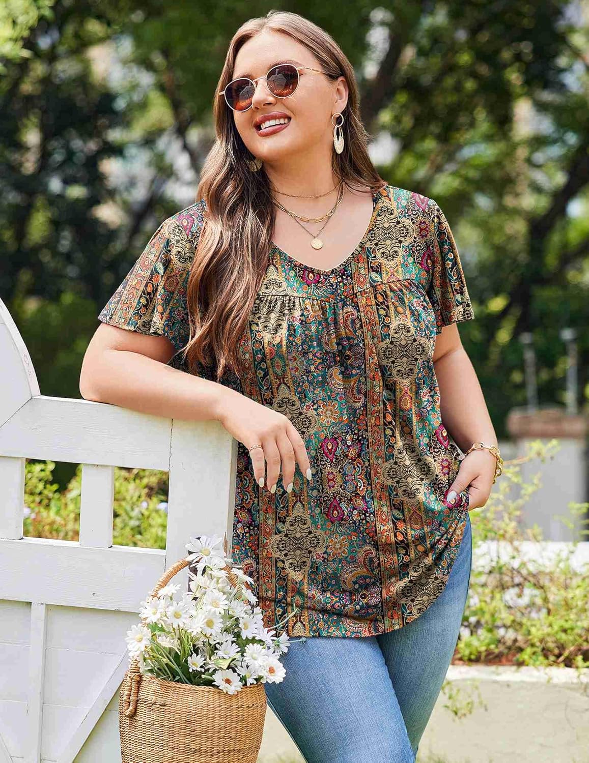 IN'VOLAND Plus Size Womens Ruffle Sleeve Tunic Tops V Neck Summer Shirts Floral Print Tops Dressy Blouse - Image 4
