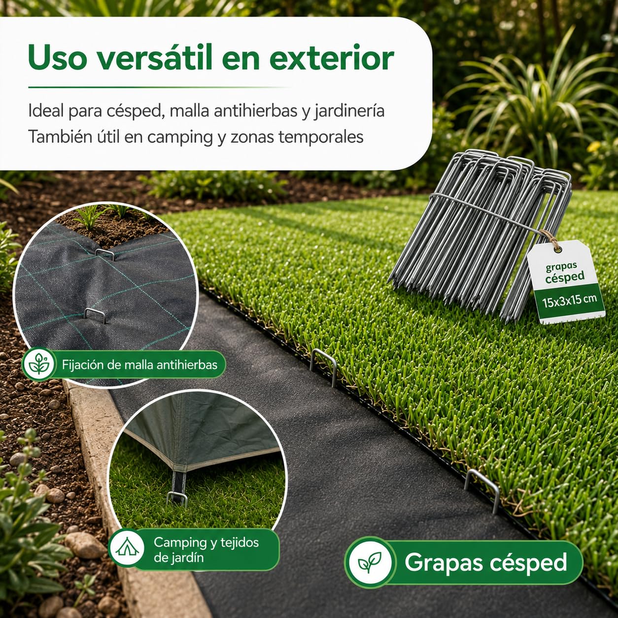 Grapas para Césped Artificial - 100 Piquetas + 16 Arandelas - Mallas Antihierba - Piquetas Camping Suelo Duro - Clavos Jardín - Anclaje Suelo - Metal - 3mm - 15x3x15cm