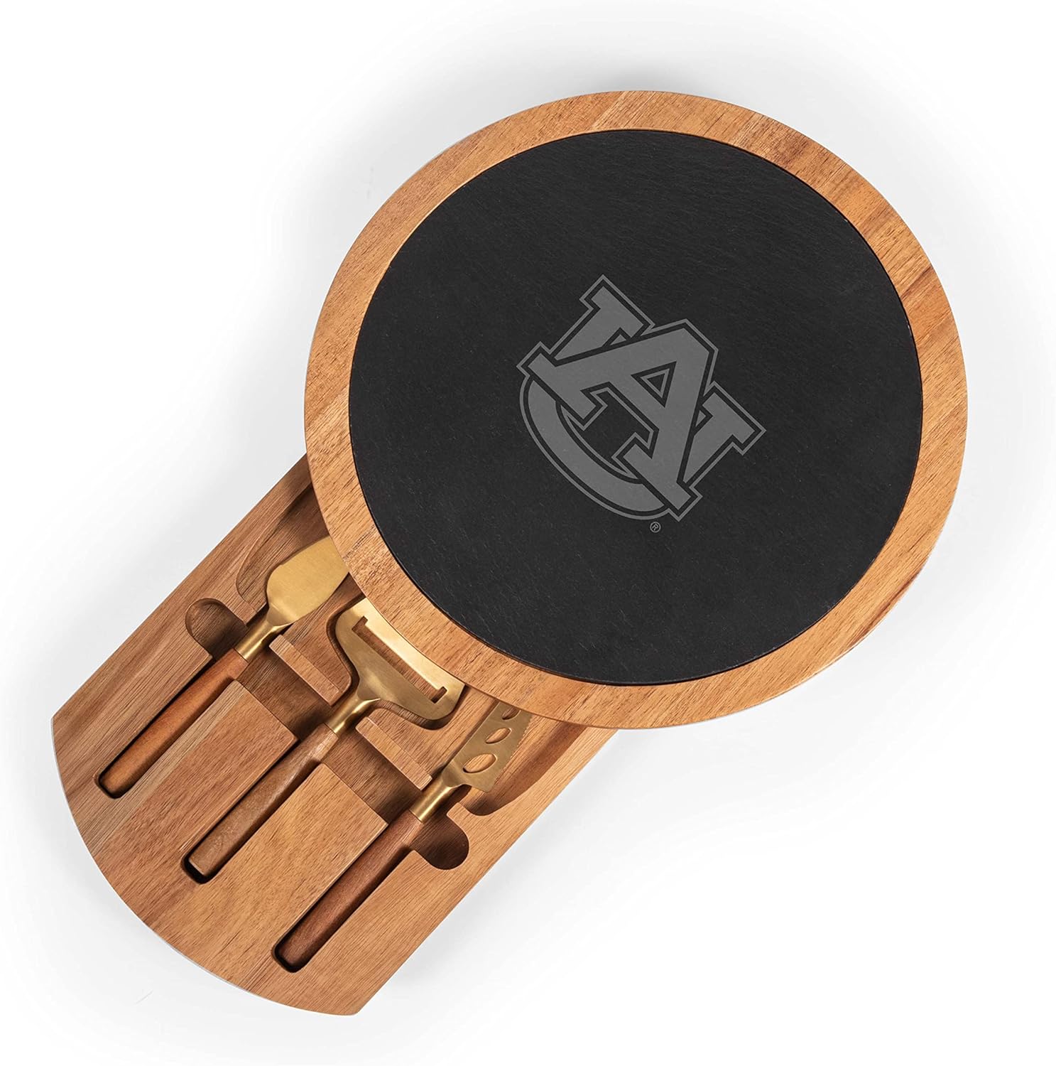 PICNIC TIME NCAA Insignia - Acacia and Slate Serving Board with Cheese Tools, (Acacia Wood & Slate Black with Gold Accents)