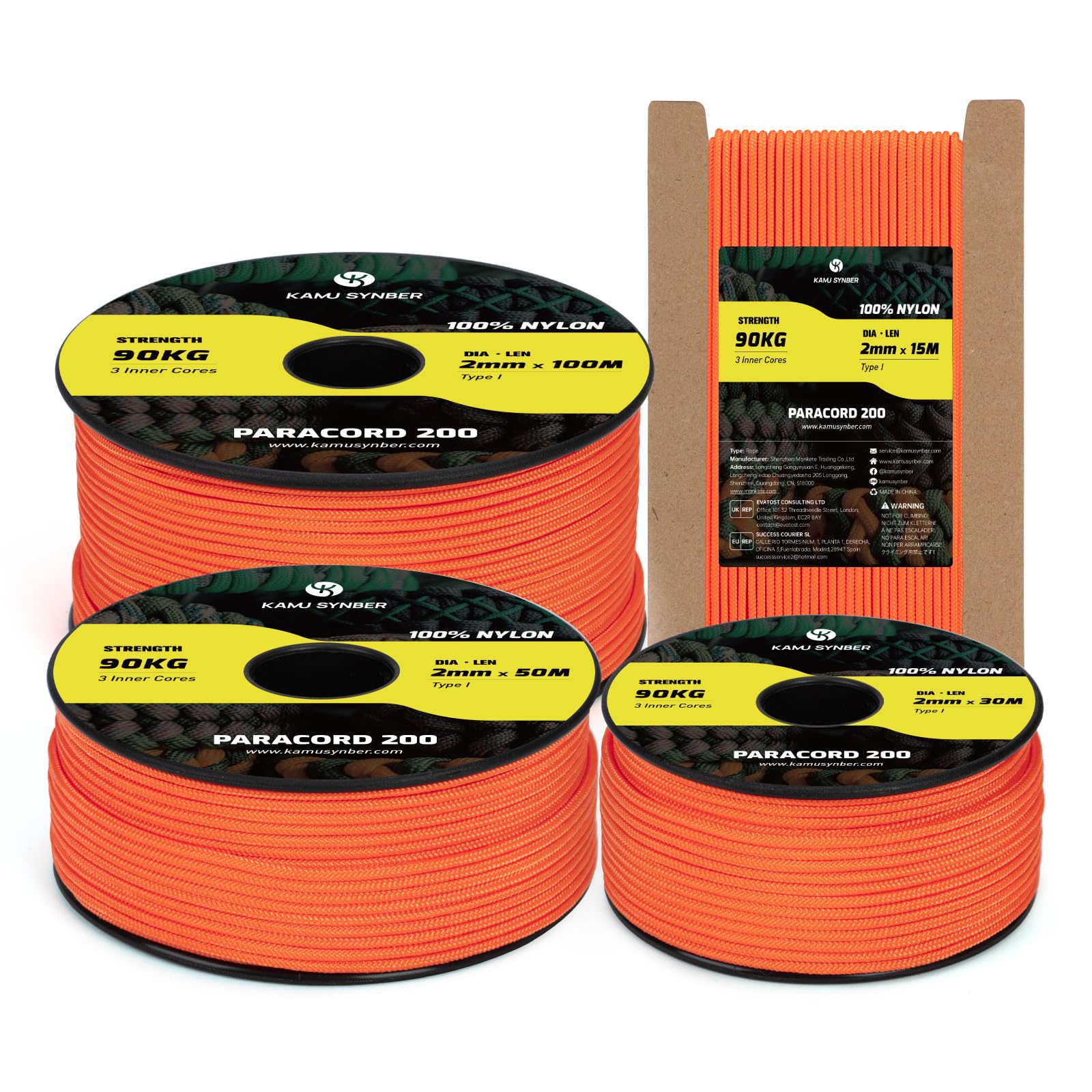 Kamu Synber Paracord 2mm 3 Strands 100M 100% Nylon Rope Type I Parachute Cord for Craft, Outdoor, DIY, Camping | Support 90kg | Orange