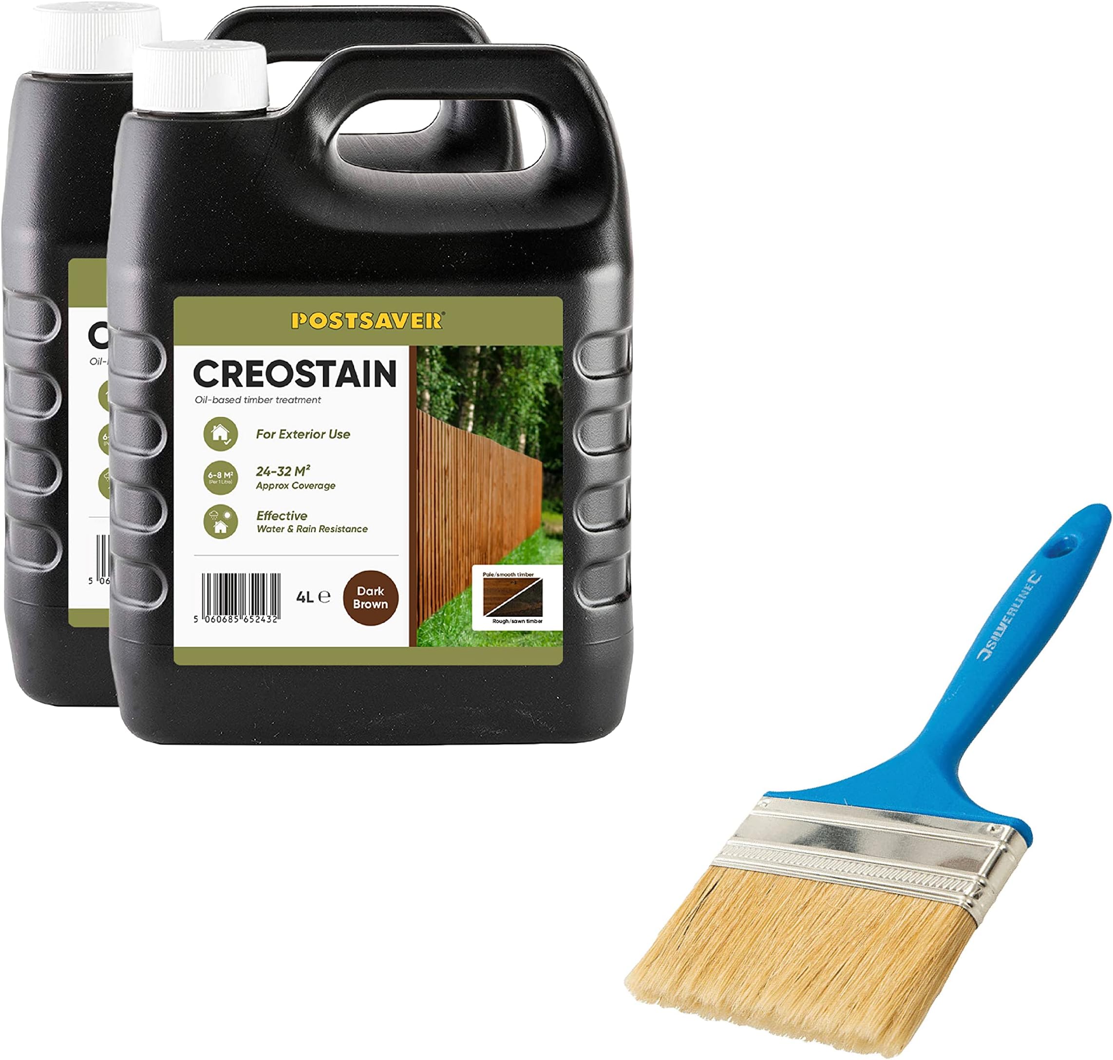 Postsaver Creostain Creocote Oil-Based Wood Treatment | Creosote Substitute | Exterior Wood Stain and Preserver | Fence Treatment | Lower VOC | Pack of 2 + Brush (Dark Brown)