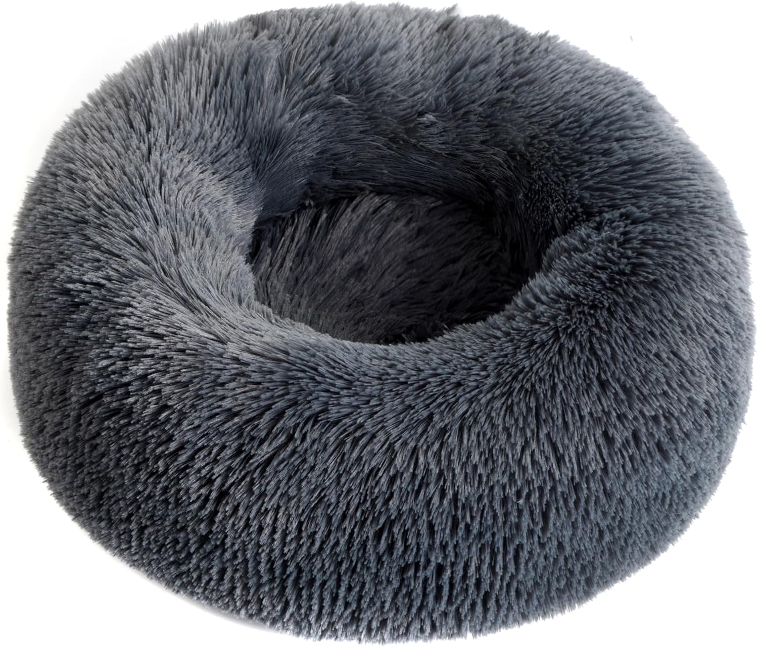 Calming Dog Bed for Large Cats and Dogs, Donut Washable Cat Bed for Indoor Cats and Dogs, Anti-Slip Round Fluffy Plush Faux Fur Pet Bed for Medium Cats and Dogs (Dark Grey, 23.5'')
