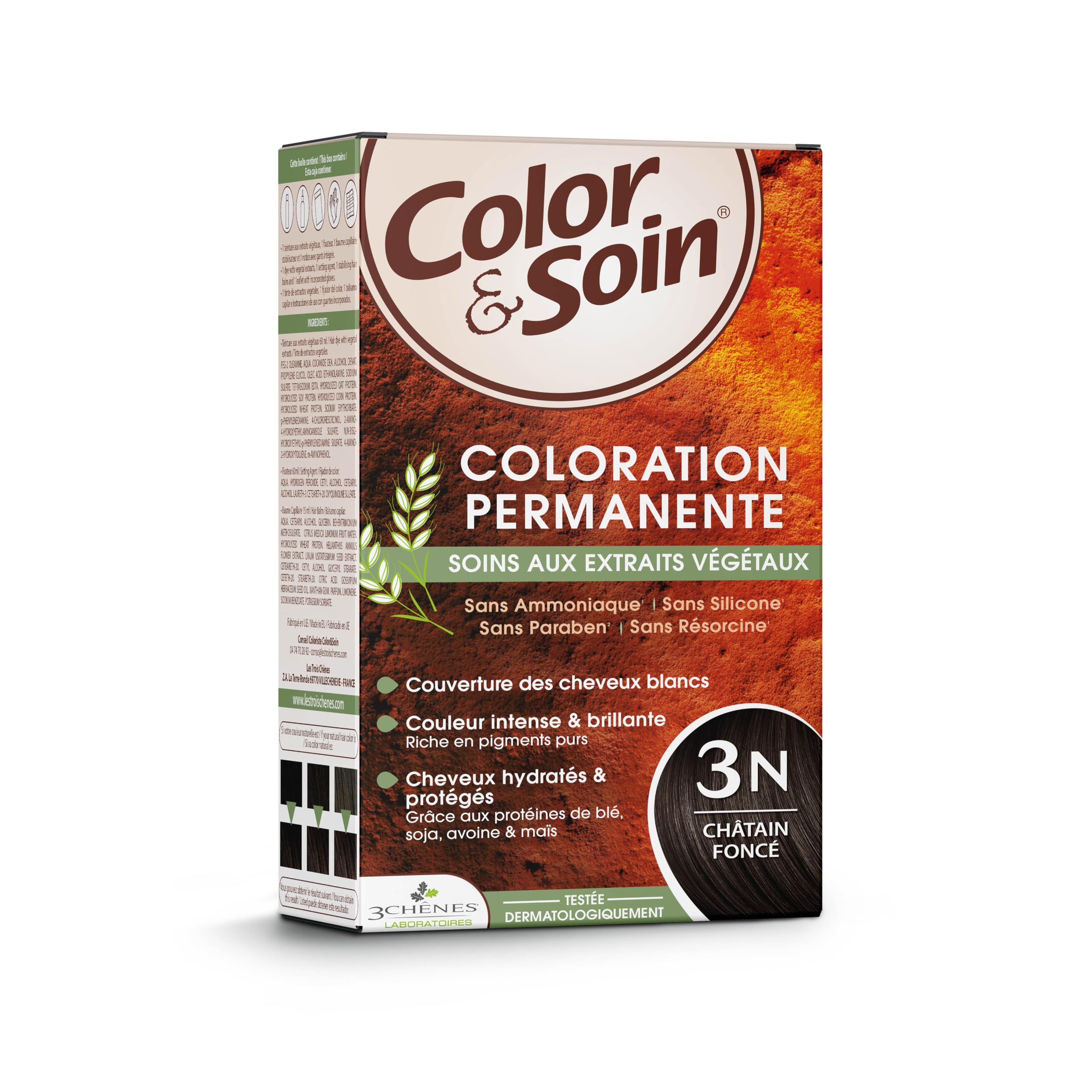 Les 3 Chênes Color & Soin 3N – Châtain Foncé – Coloration Permanente Cheveux Femme Sans Ammoniaque – Soin Naturel Brillance Durable – Couvre 100% Cheveux Blancs