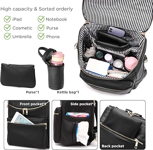 Miniatura 4 de Mochila para pañales de cuero para mujer, grande con correas de remolque, capacidad para ropa húmeda, extractor de leche, botella de leche, Negro,