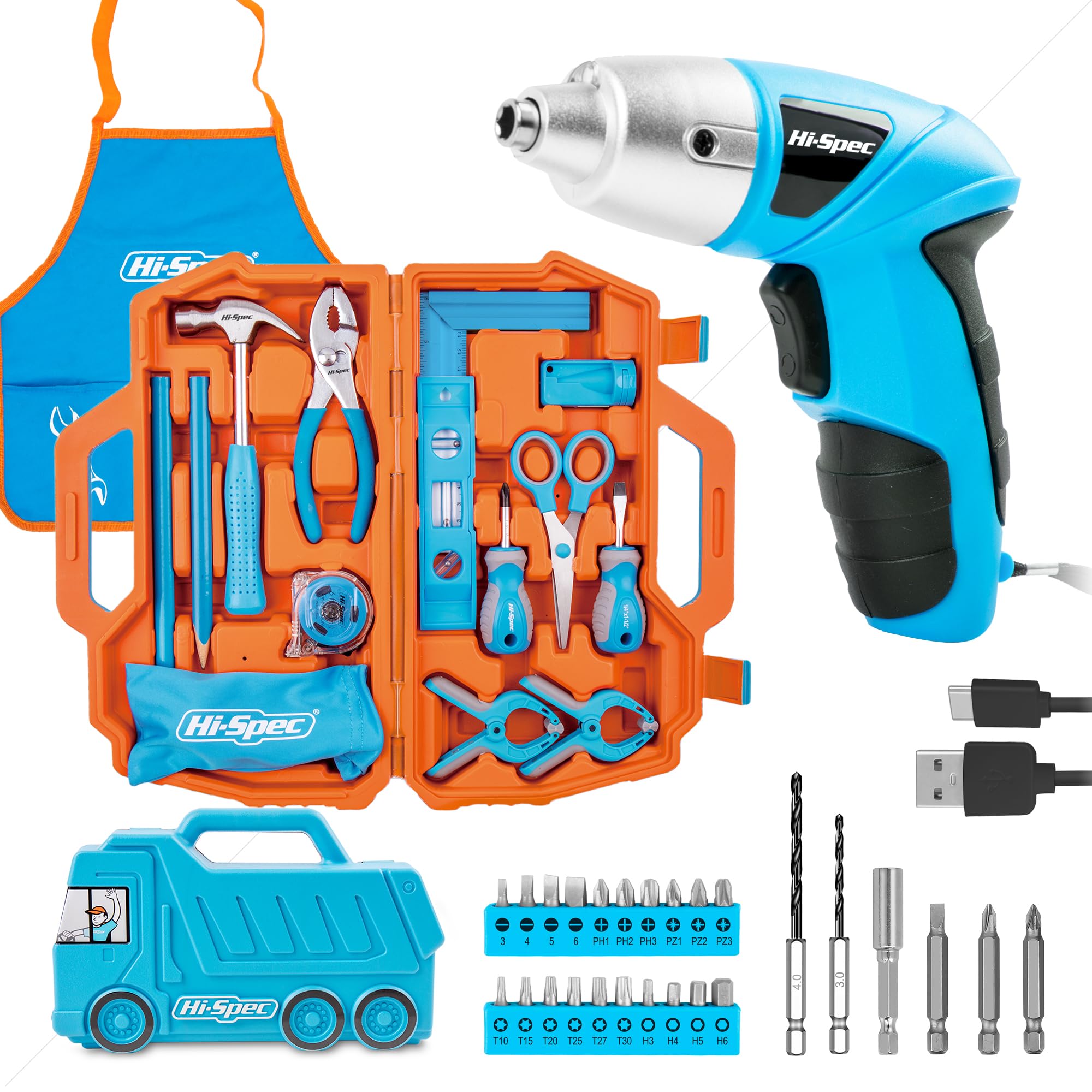 Hi-Spec Kinder-Werkzeugkoffer LKW-Box Blau, 17-TLG. und Hi-Spec 3,6V Akkuschrauber Blau mit LED-Licht, 26-TLG. Zubehör