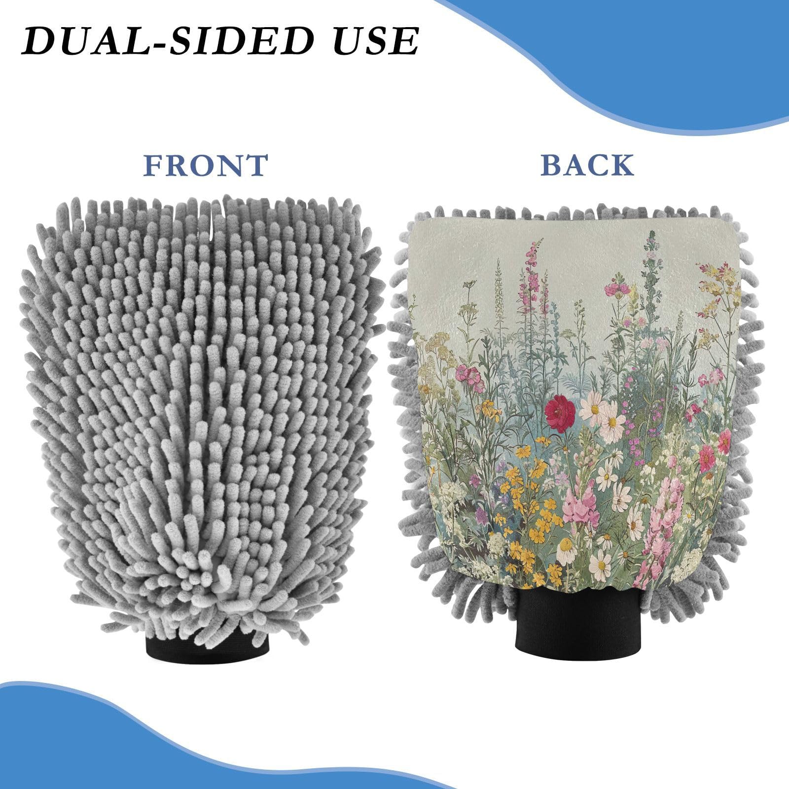 Flradish 2 Pack Wildflowers Car Wash Mitt Chenille Microfiber Lint-Free Scratch Free Ultra-Soft Absorbent Car Wash Mitt 10.2x7.09 Inch