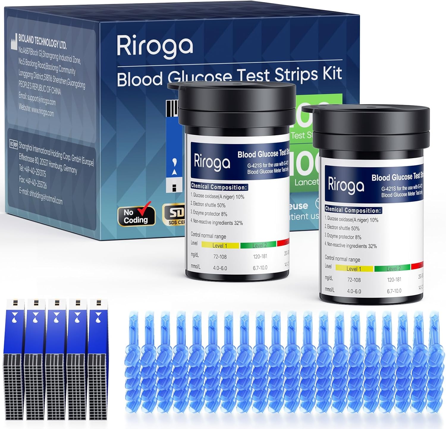 Riroga Blood Glucose Test Strips, 100 Count Blood Sugar Test Strips for Diabetes, 100 Counts Blood Lancets, Only Blood Glucose Monitoring System G-421