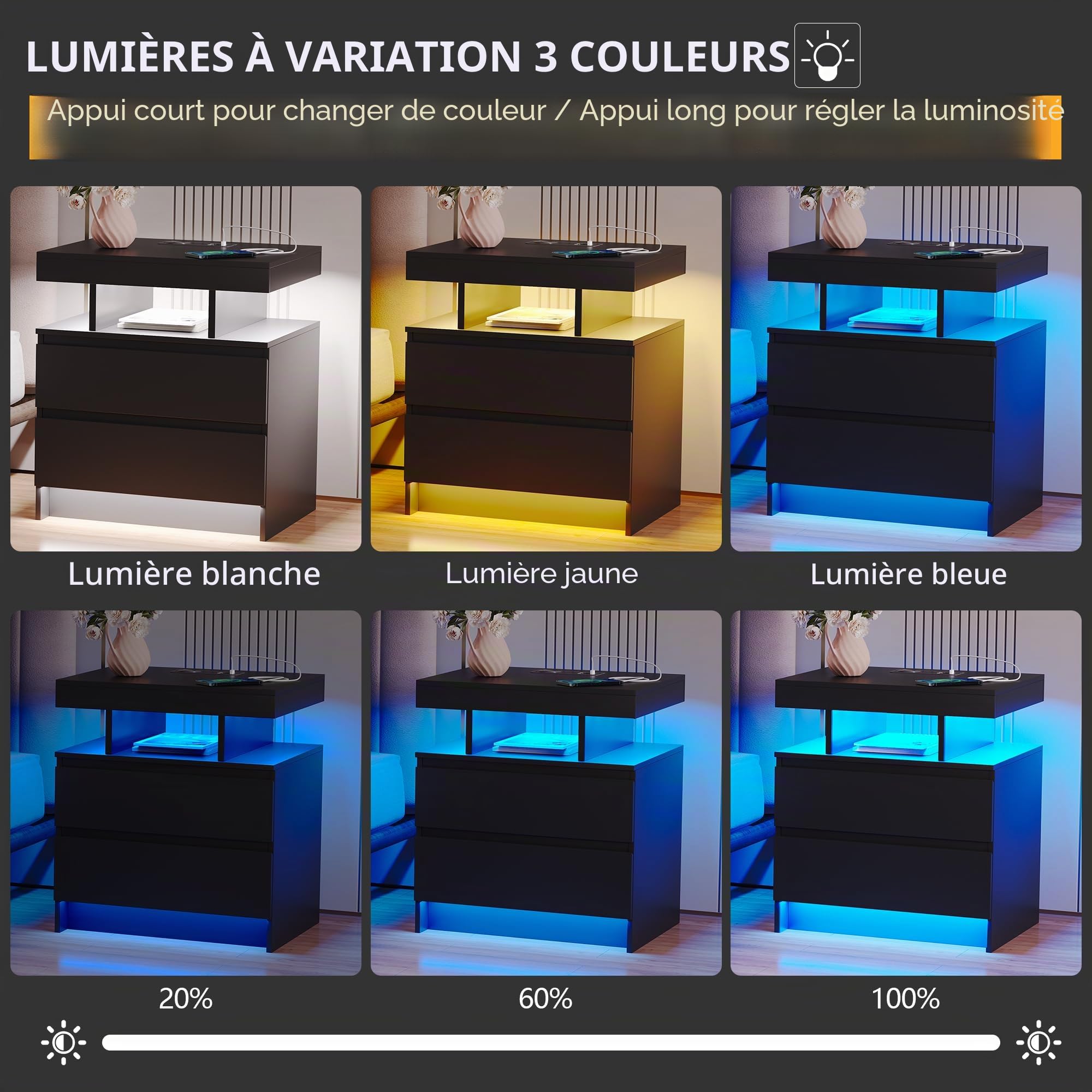 Vlsrka LED Table de Chevet avec Station de Charge & USB | Table de Nuit Intelligente avec 3 couleurs d'éclairage, Moderne Chevet de lit bois avec 2 tiroirs, Chambre à Coucher, Noir
