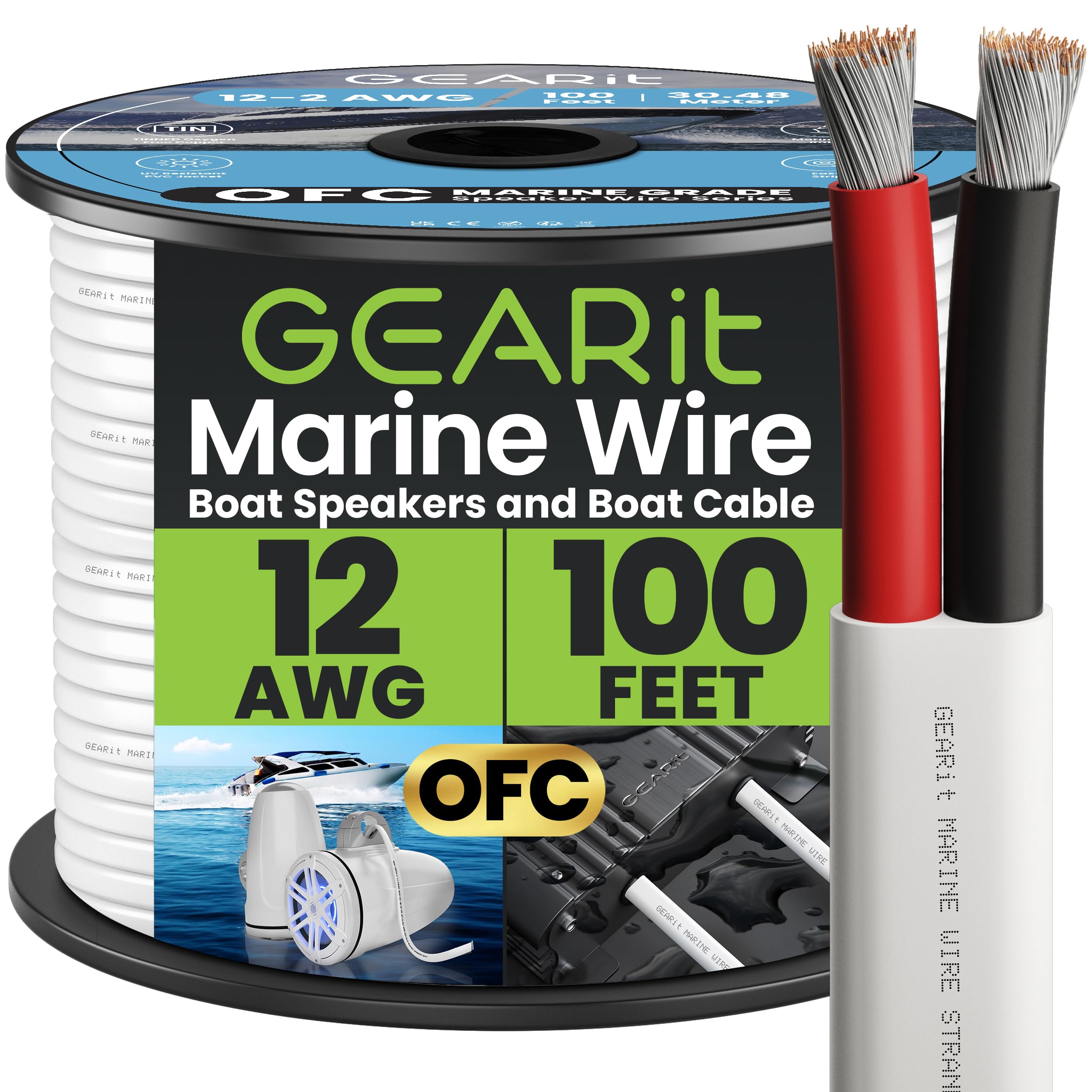 GearIT 12/2 Marine Wire (100 Feet) 12AWG Gauge - Tinned OFC Copper/Marine Grade Speaker Cable/Duplex / 2 Conductors - OFC Oxygen-Free Copper, White 100ft
