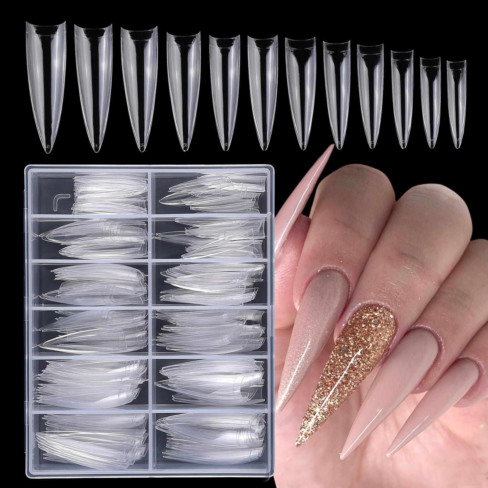 AddFavor 240pcs XXL Gel Stiletto Nail Tips Half Cover Acrylic Nail Tips French False Nail Tips 12 Sizes Stiletto Fake Nails for Nail Salons Home DIY